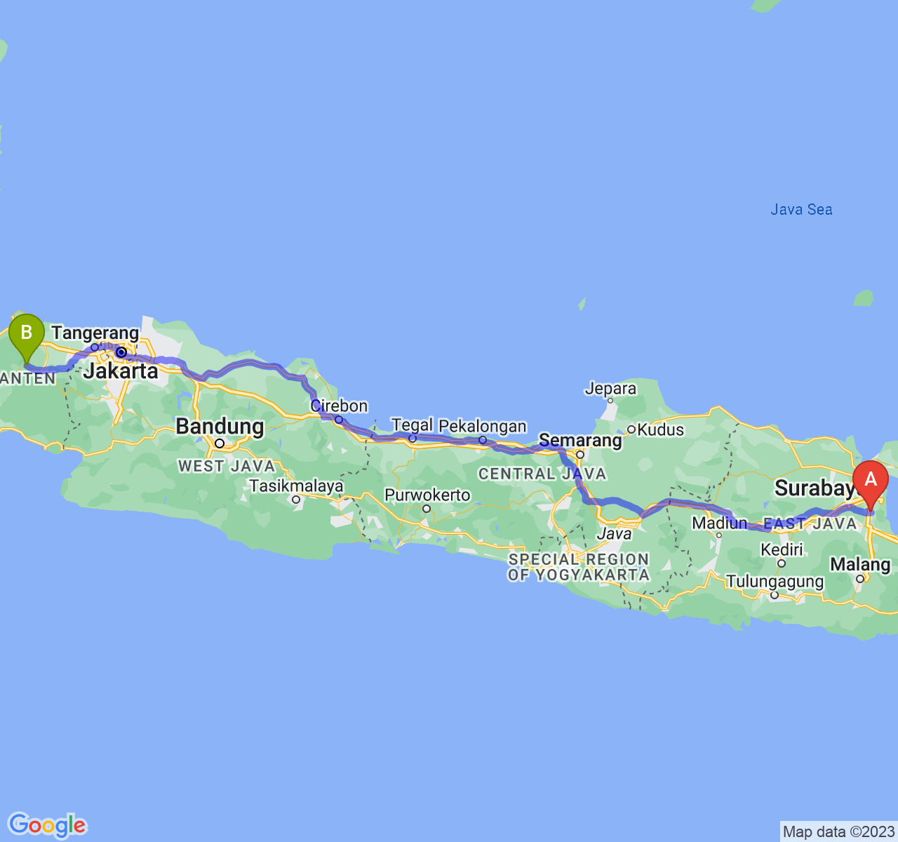 perjalanan dengan rute Kab. Sidoarjo-Kab. Pandeglang