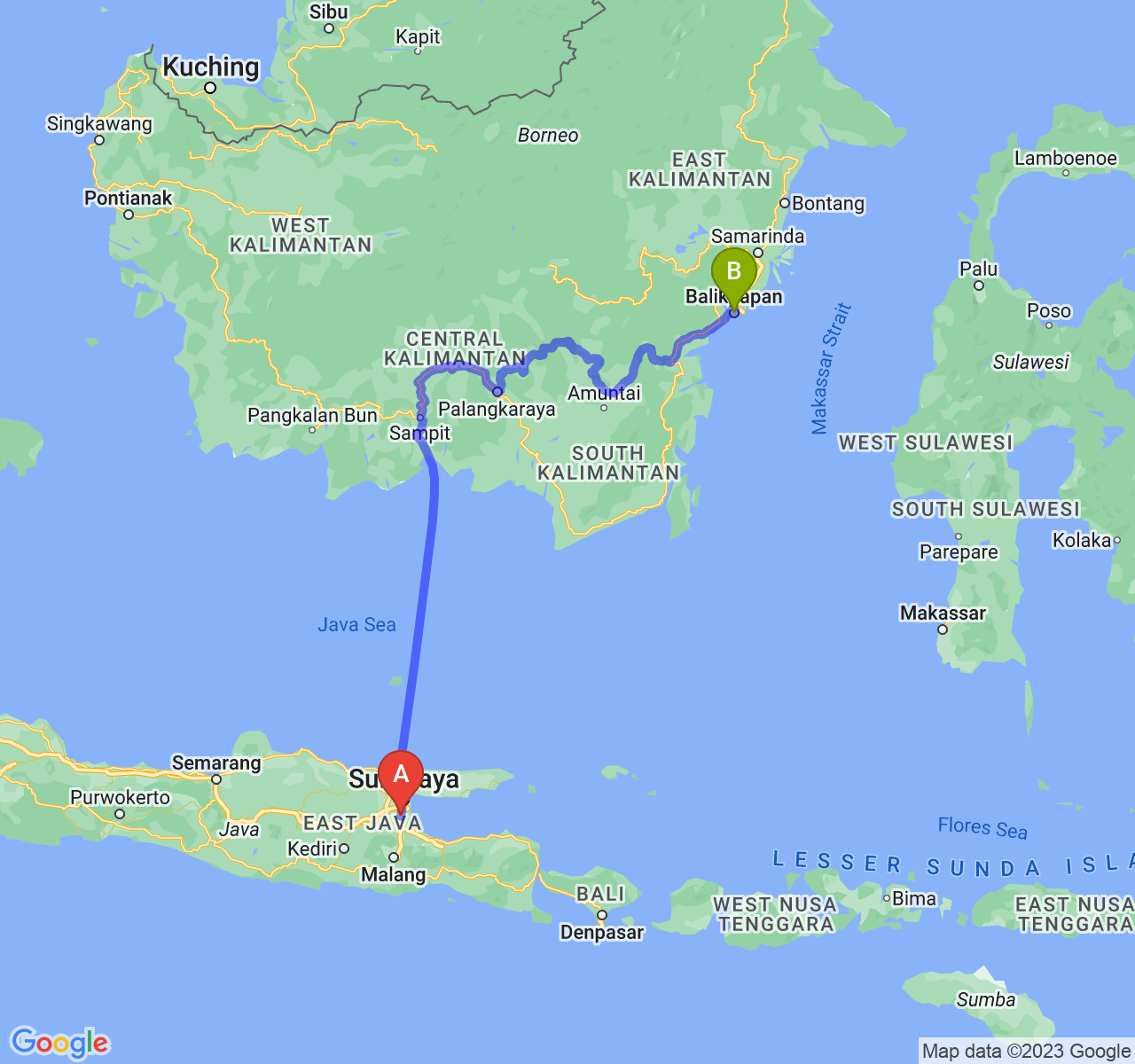 perjalanan dengan rute Kab. Sidoarjo-Kota Balikpapan