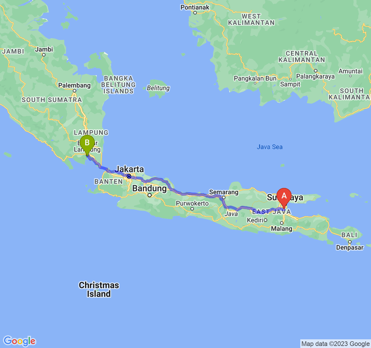 perjalanan dengan rute Kab. Sidoarjo-Kota Bandar Lampung