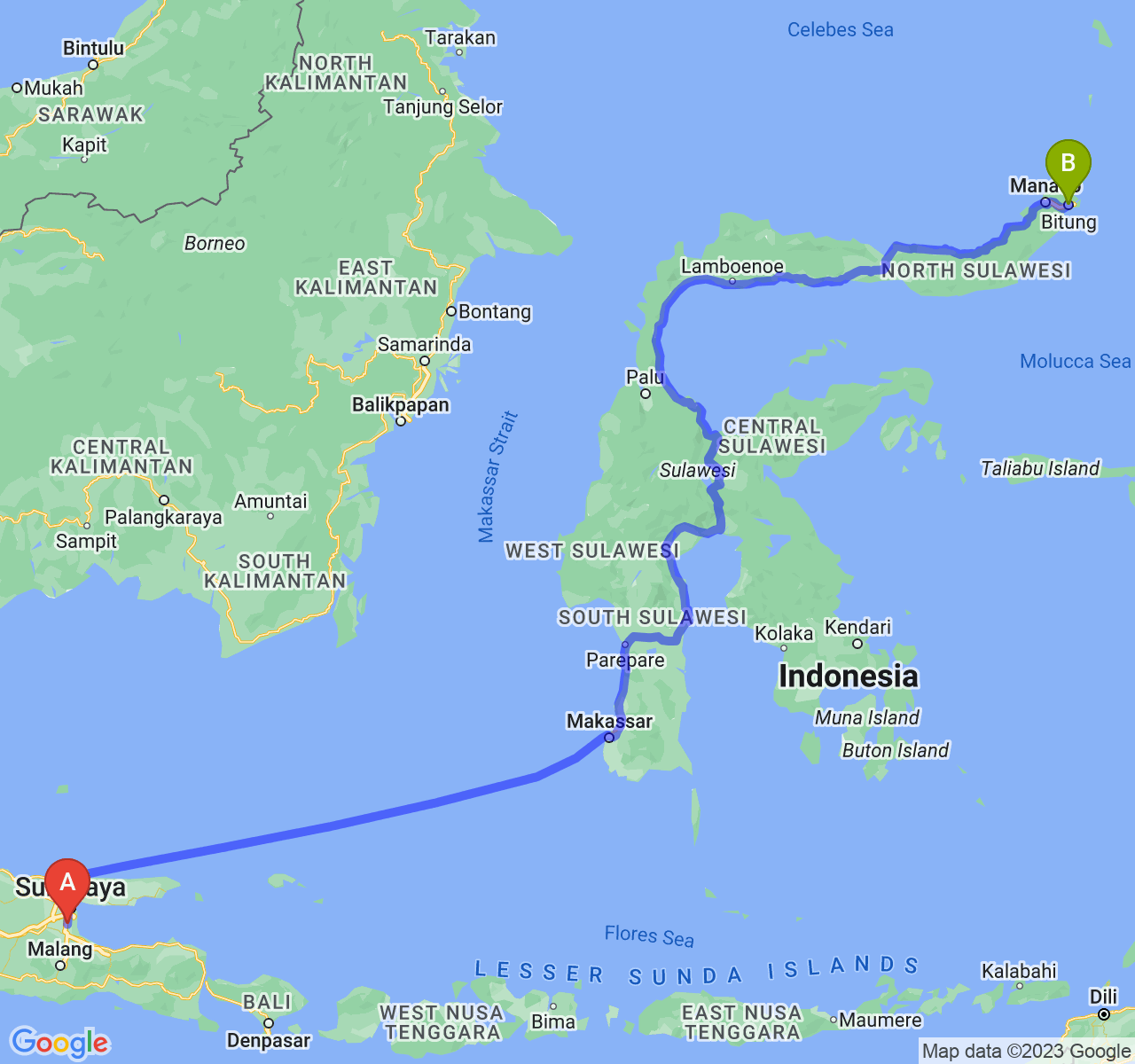 perjalanan dengan rute Kab. Sidoarjo-Kota Bitung