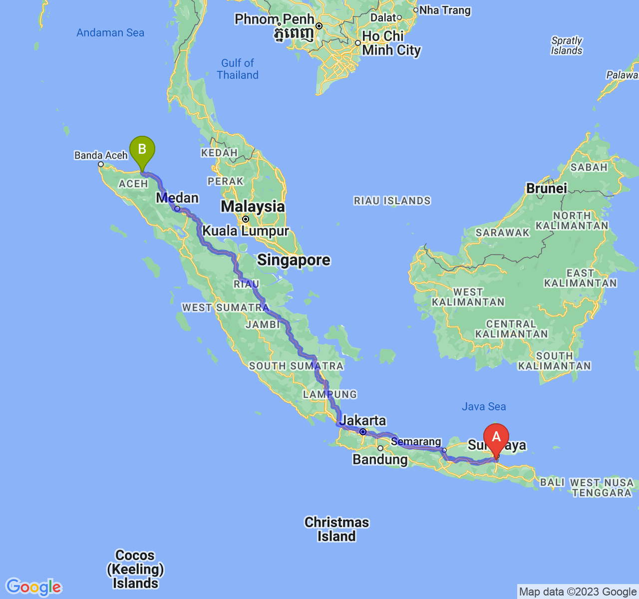 perjalanan dengan rute Kab. Sidoarjo-Kota Lhokseumawe