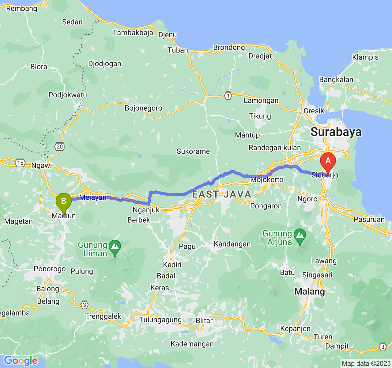 perjalanan dengan rute Kab. Sidoarjo-Kota Madiun