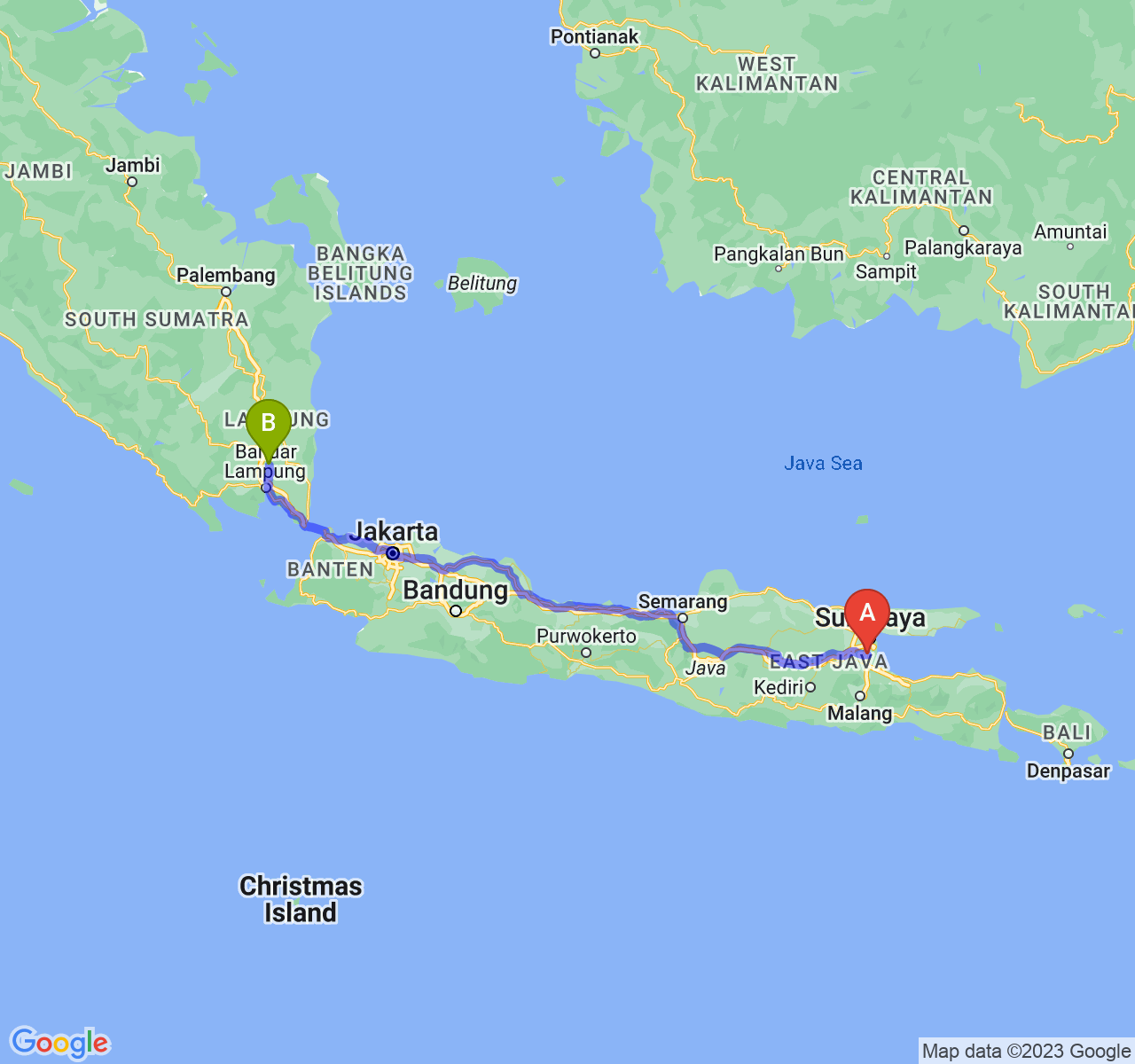 perjalanan dengan rute Kab. Sidoarjo-Kota Metro