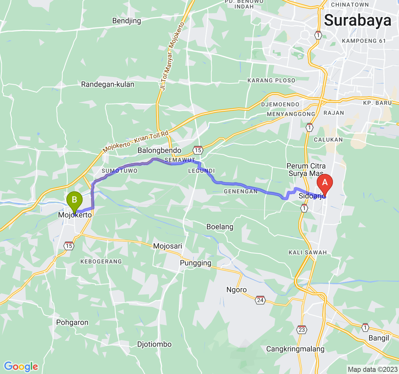 perjalanan dengan rute Kab. Sidoarjo-Kota Mojokerto