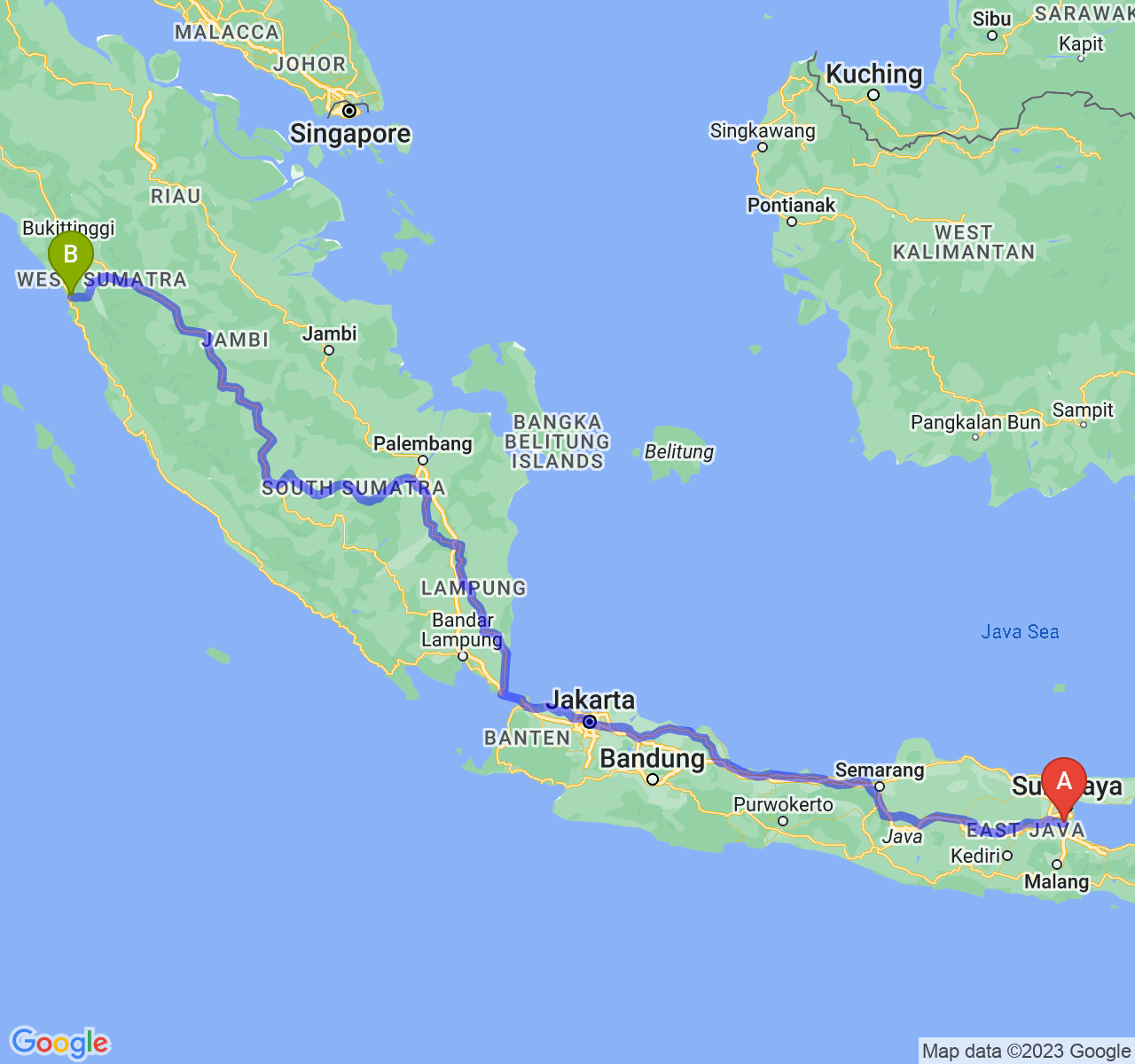 perjalanan dengan rute Kab. Sidoarjo-Kota Padang