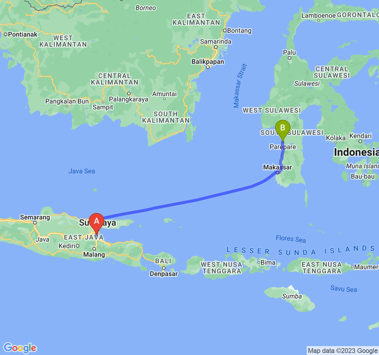 perjalanan dengan rute Kab. Sidoarjo-Kota Parepare