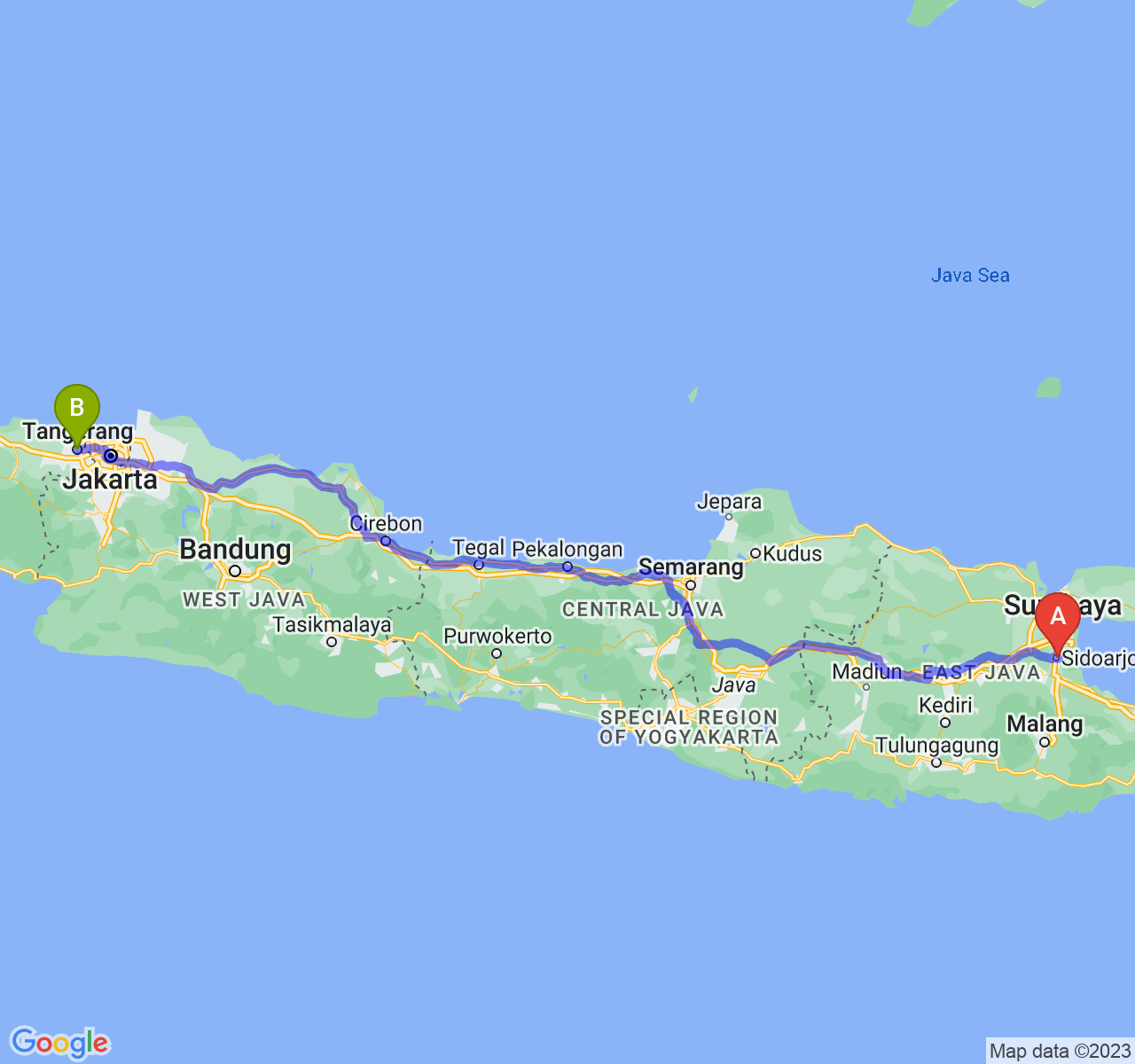 perjalanan dengan rute Kab. Sidoarjo-Kota Tangerang