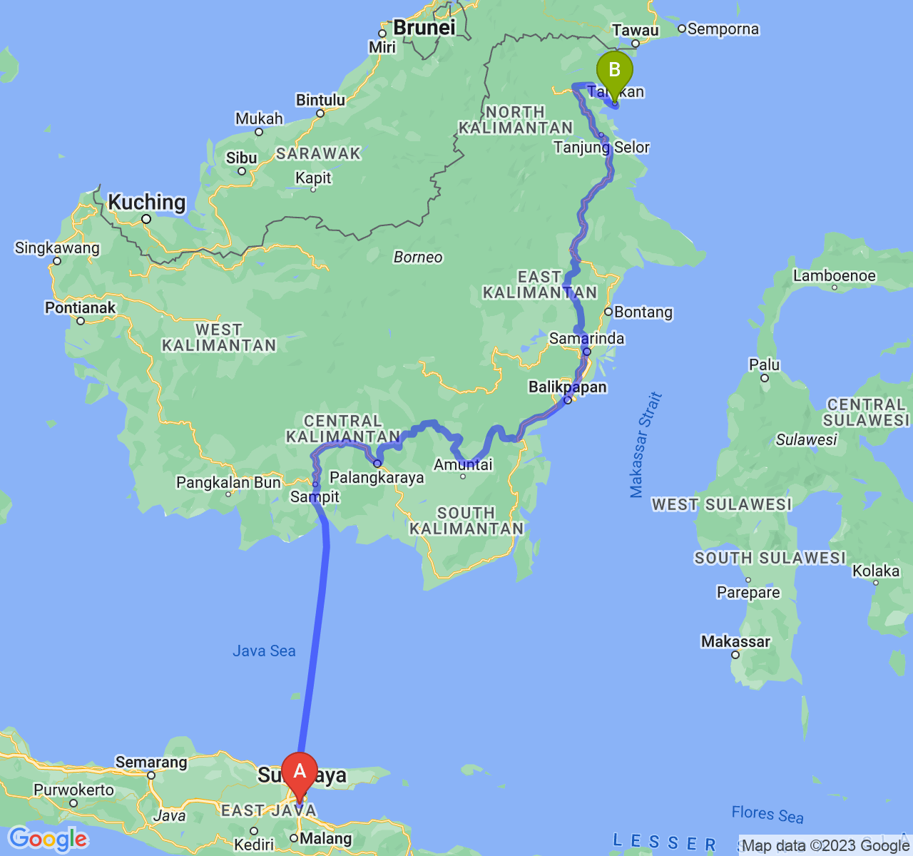 perjalanan dengan rute Kab. Sidoarjo-Kota Tarakan