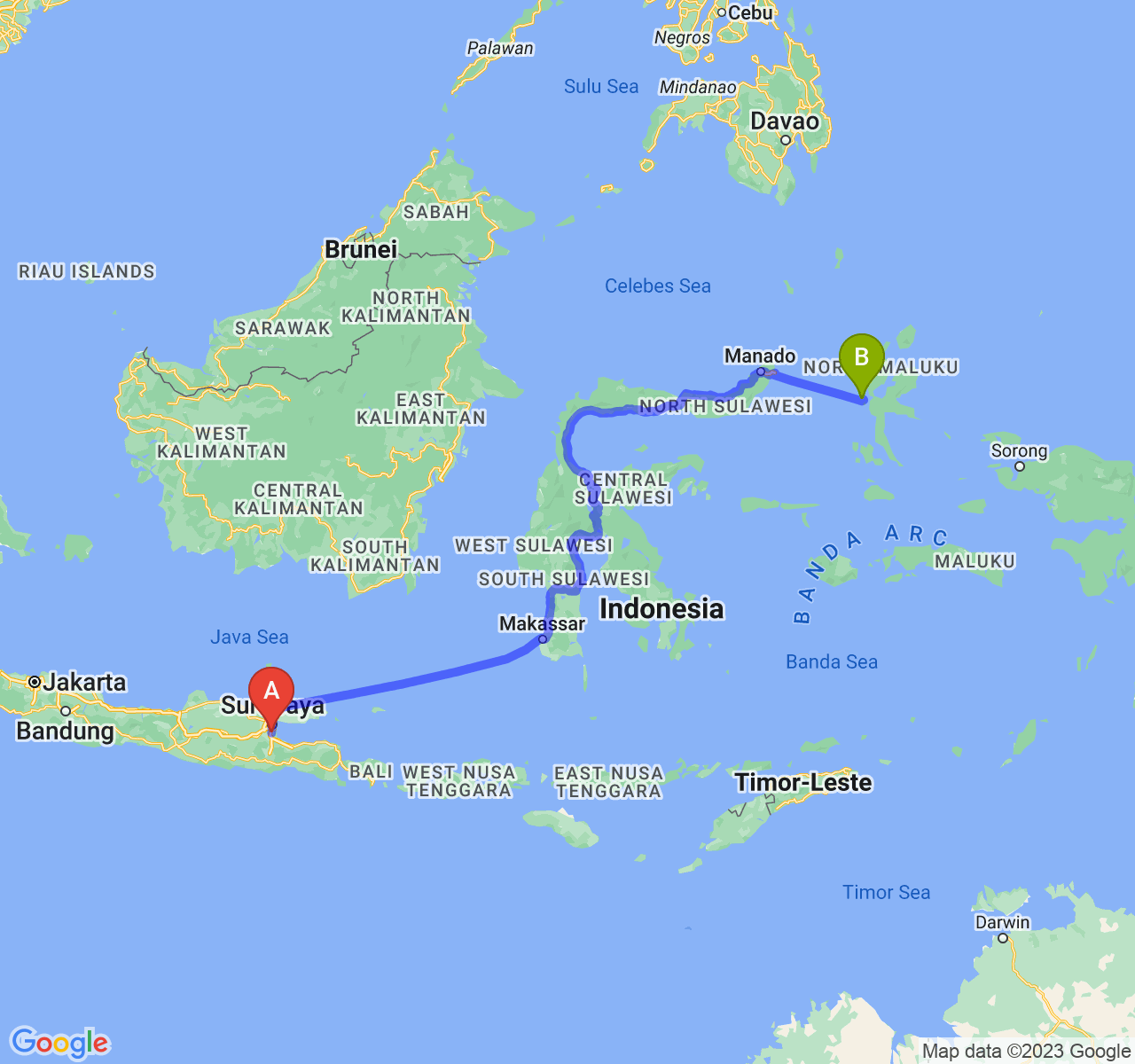 perjalanan dengan rute Kab. Sidoarjo-Kota Ternate