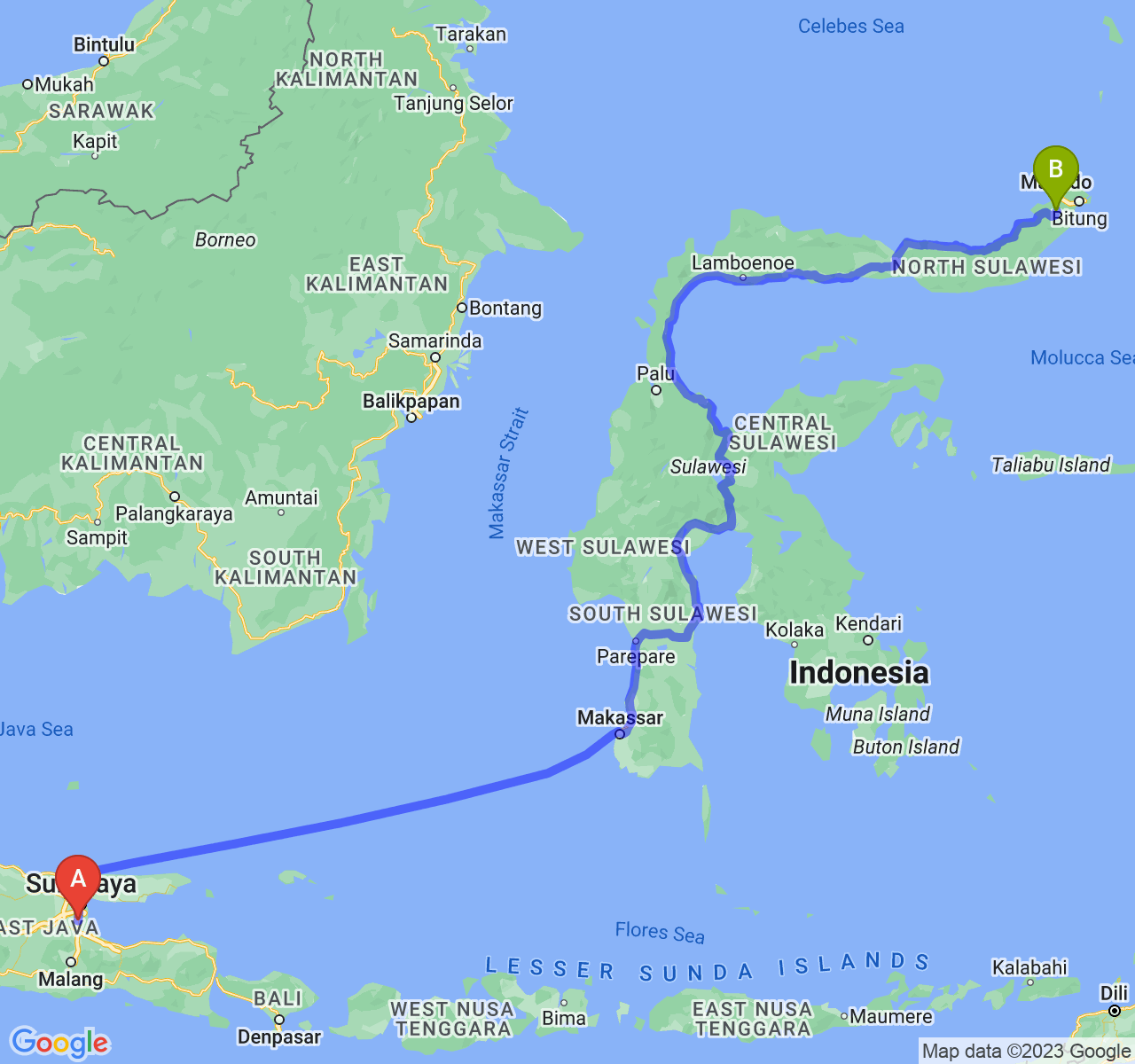 perjalanan dengan rute Kab. Sidoarjo-Kota Tomohon