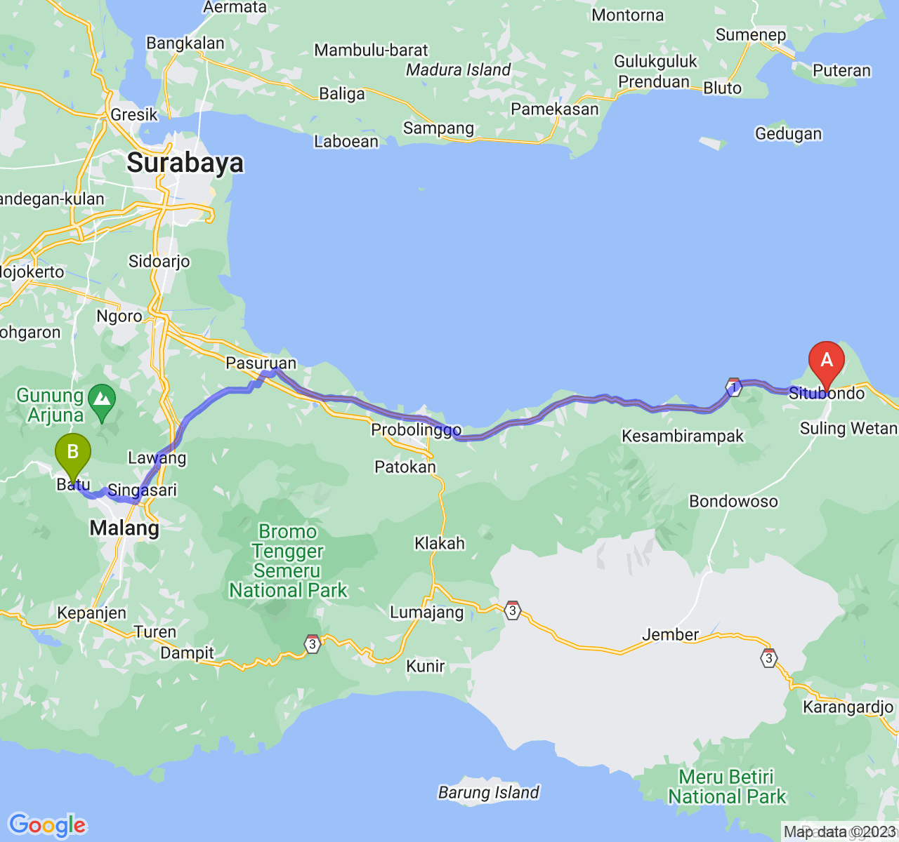 perjalanan dengan rute Kab. Situbondo-Kota Batu