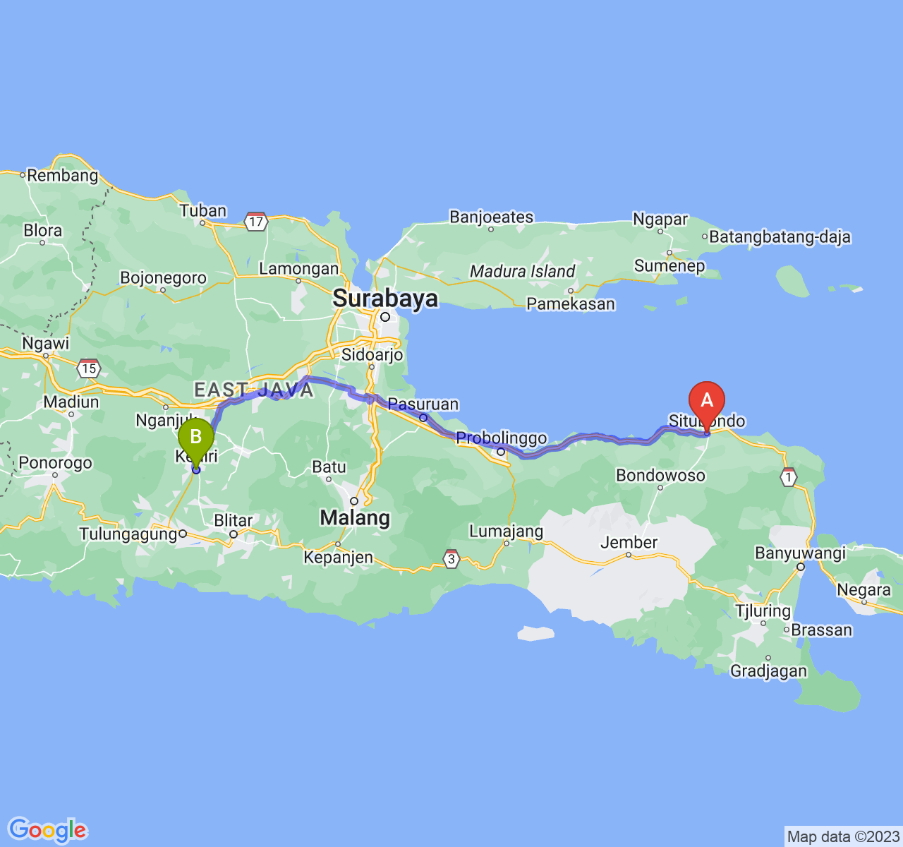 perjalanan dengan rute Kab. Situbondo-Kota Kediri