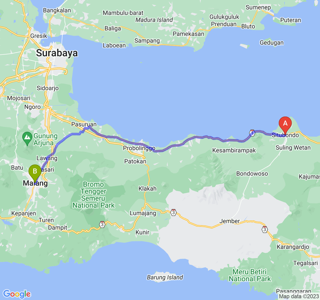 perjalanan dengan rute Kab. Situbondo-Kota Malang