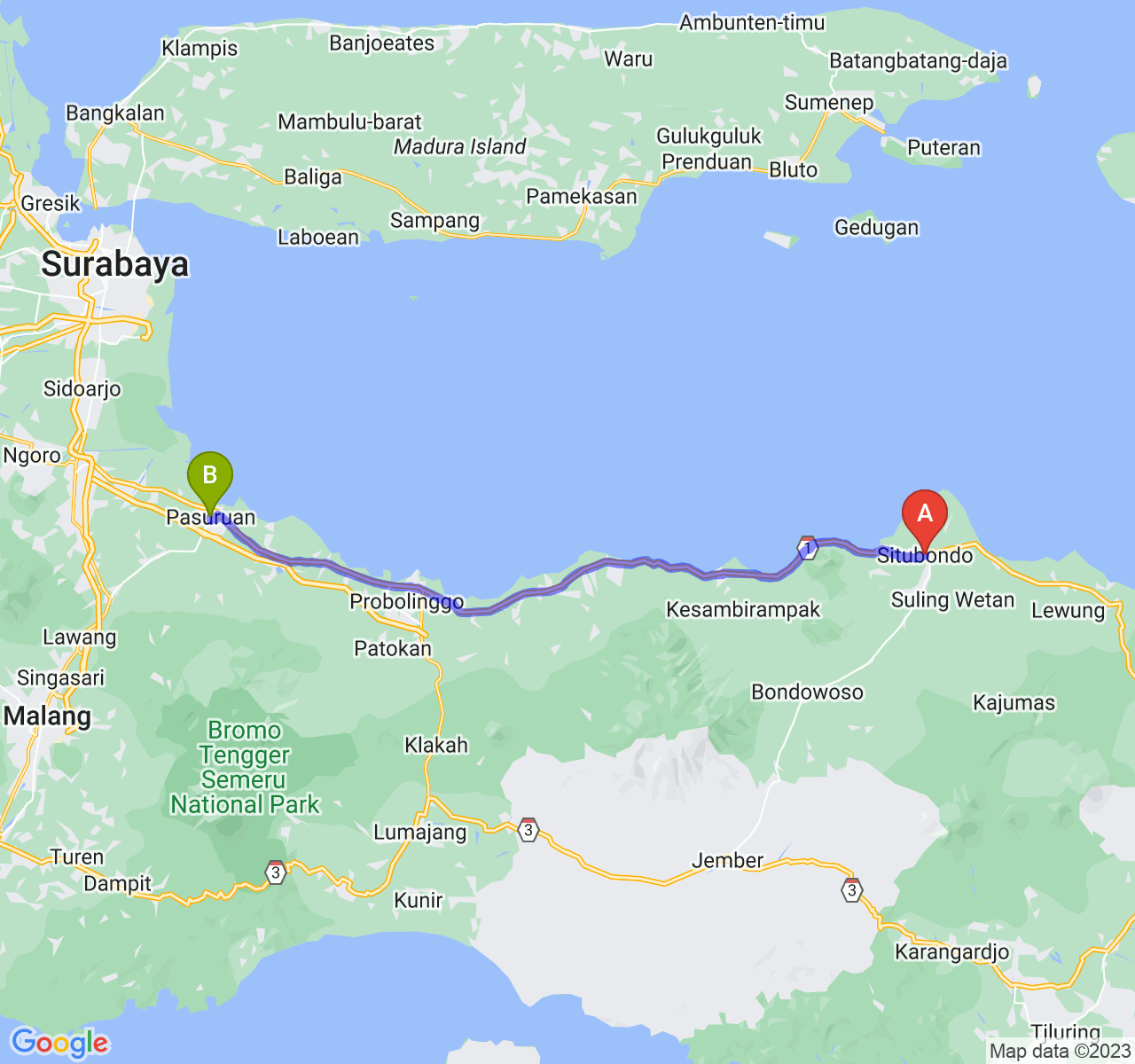 perjalanan dengan rute Kab. Situbondo-Kota Pasuruan