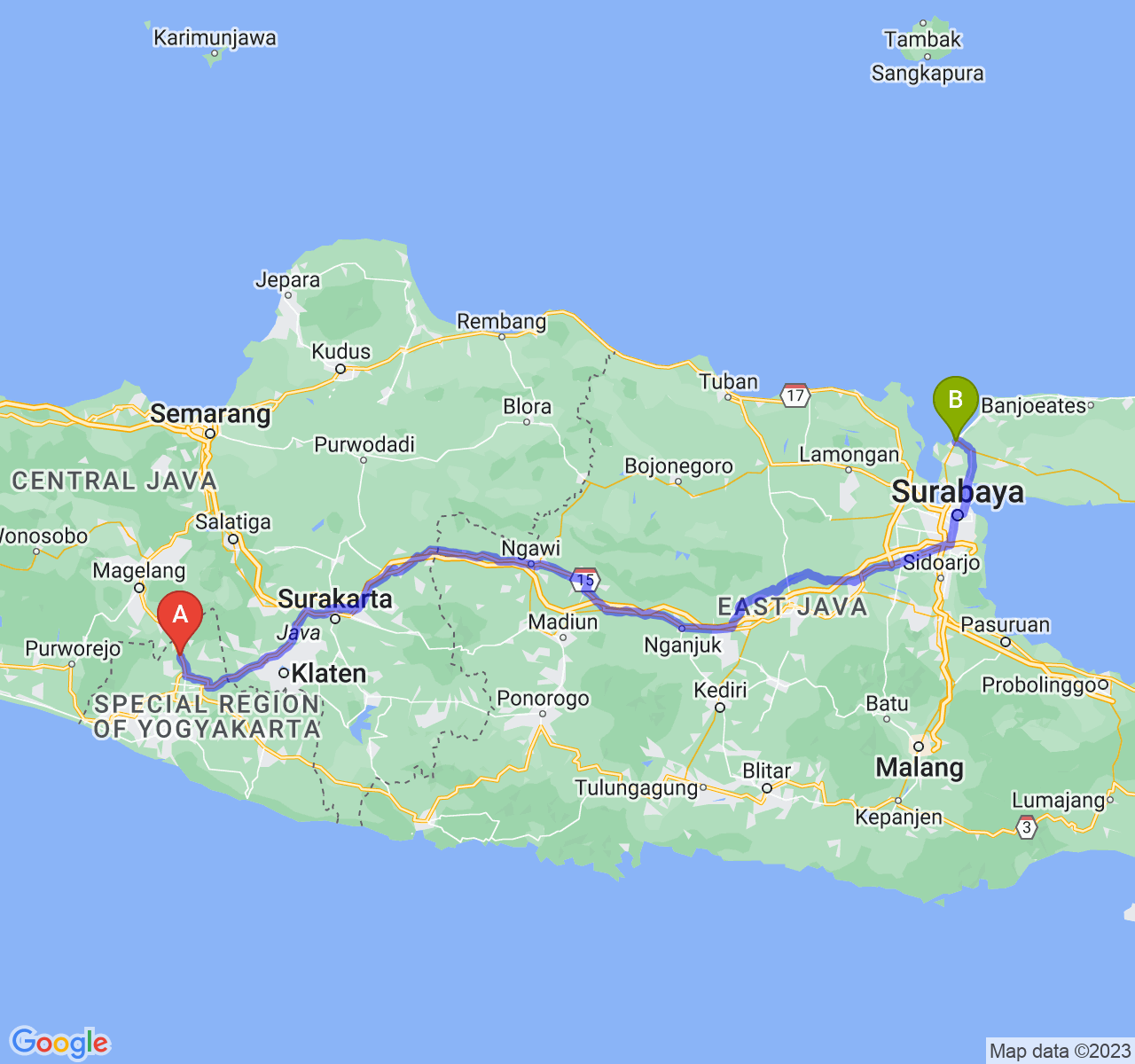 perjalanan dengan rute Kab. Sleman-Kab. Bangkalan