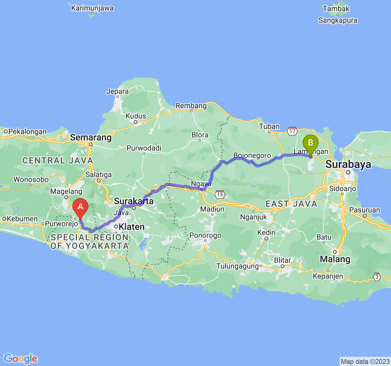 perjalanan dengan rute Kab. Sleman-Kab. Lamongan