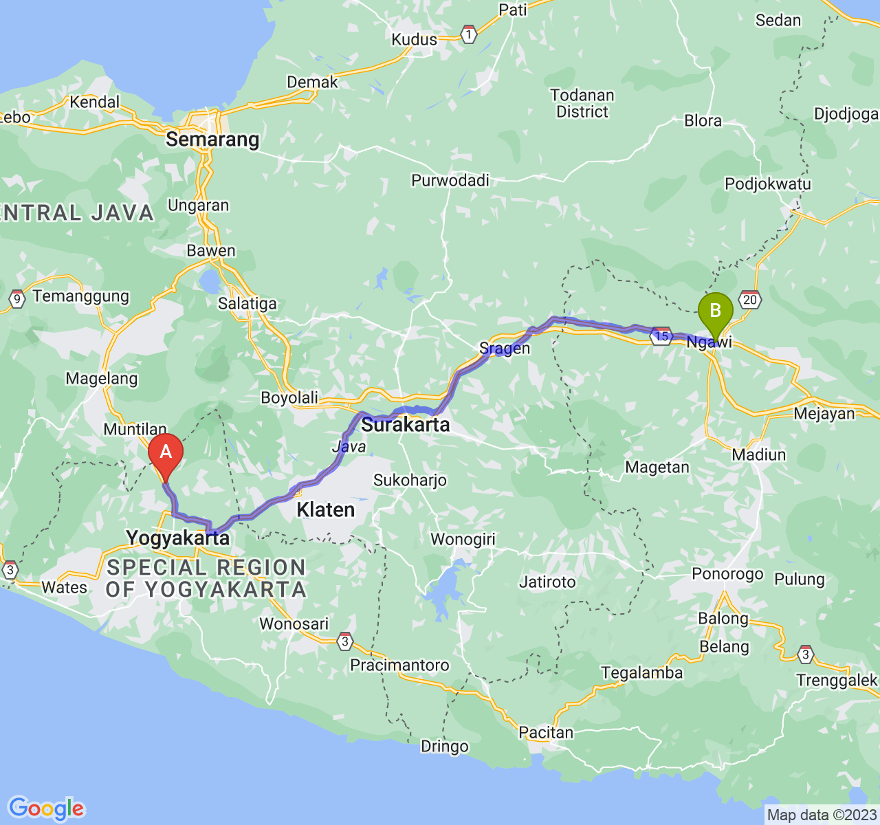 perjalanan dengan rute Kab. Sleman-Kab. Ngawi