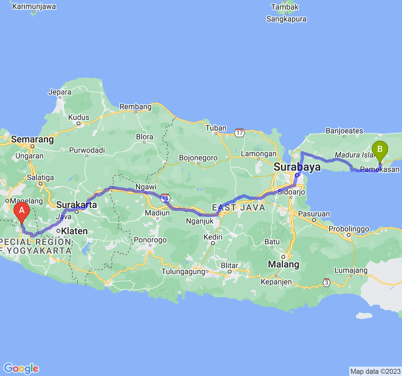 perjalanan dengan rute Kab. Sleman-Kab. Pamekasan