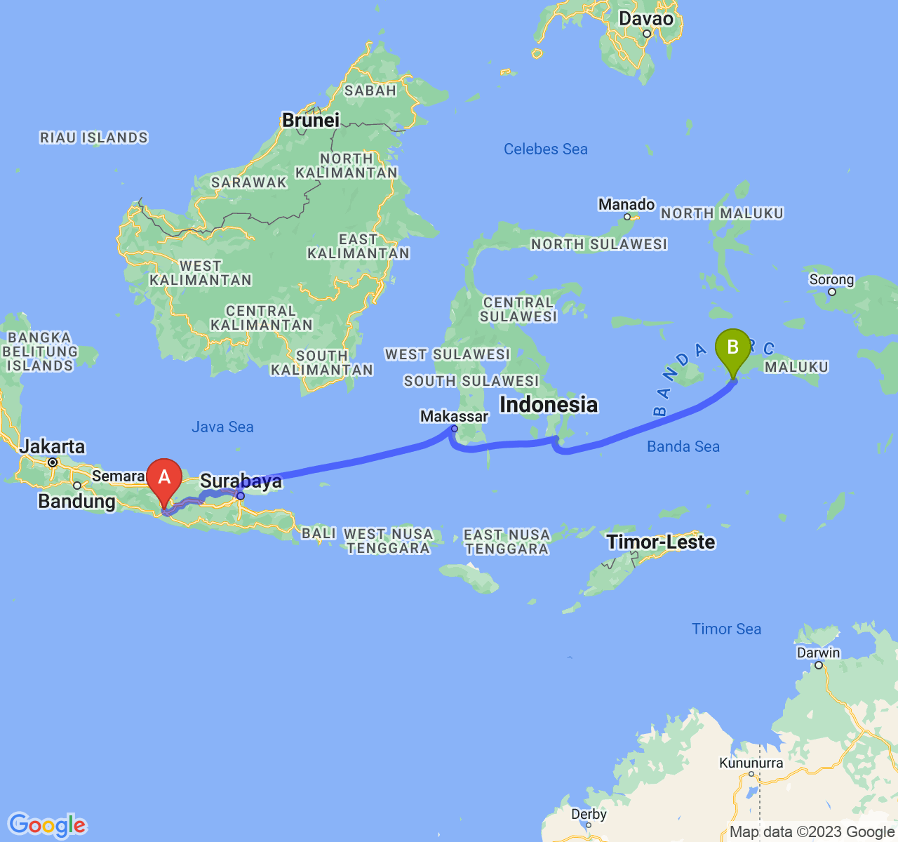 perjalanan dengan rute Kab. Sleman-Kota Ambon