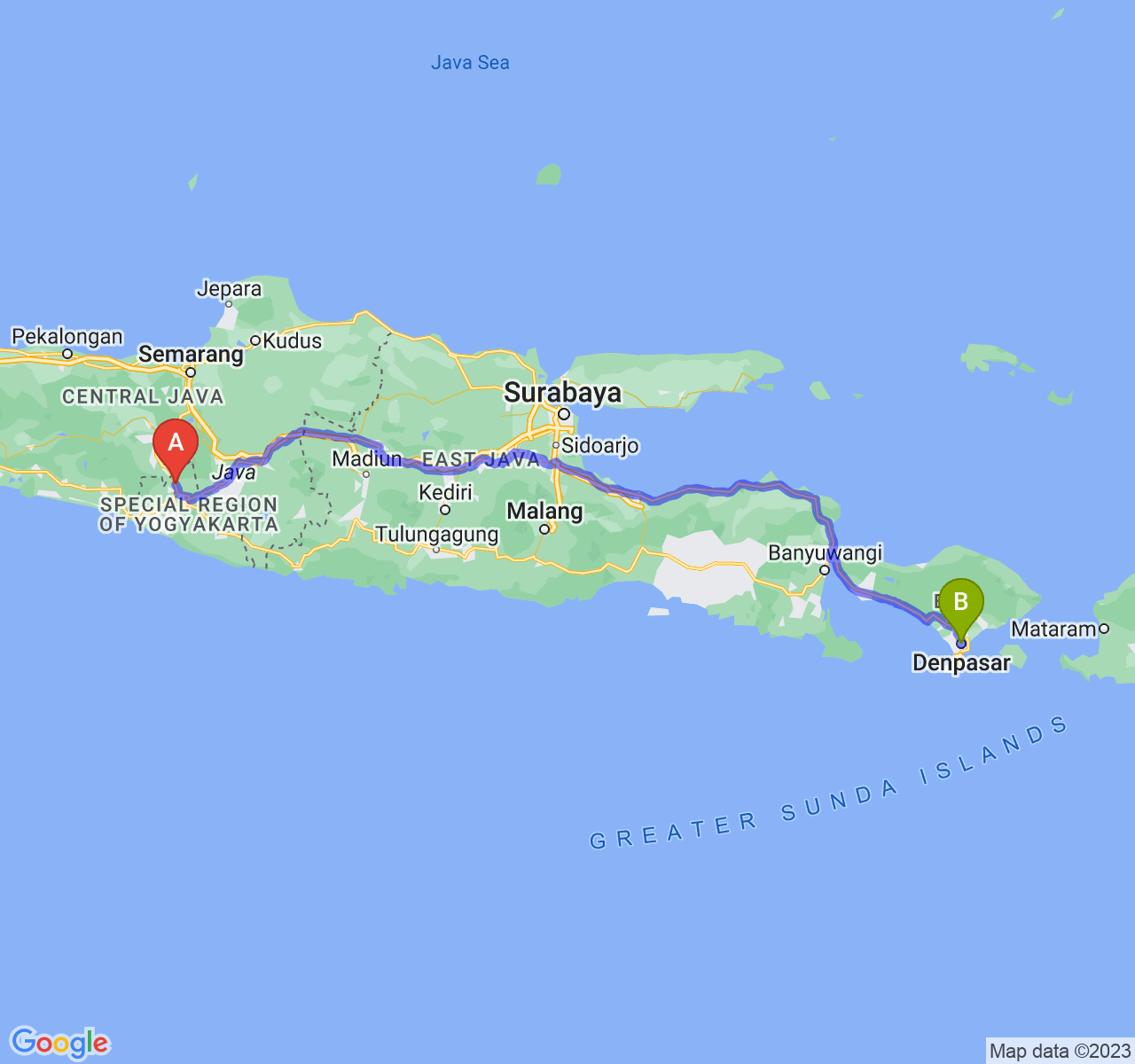 perjalanan dengan rute Kab. Sleman-Kota Denpasar