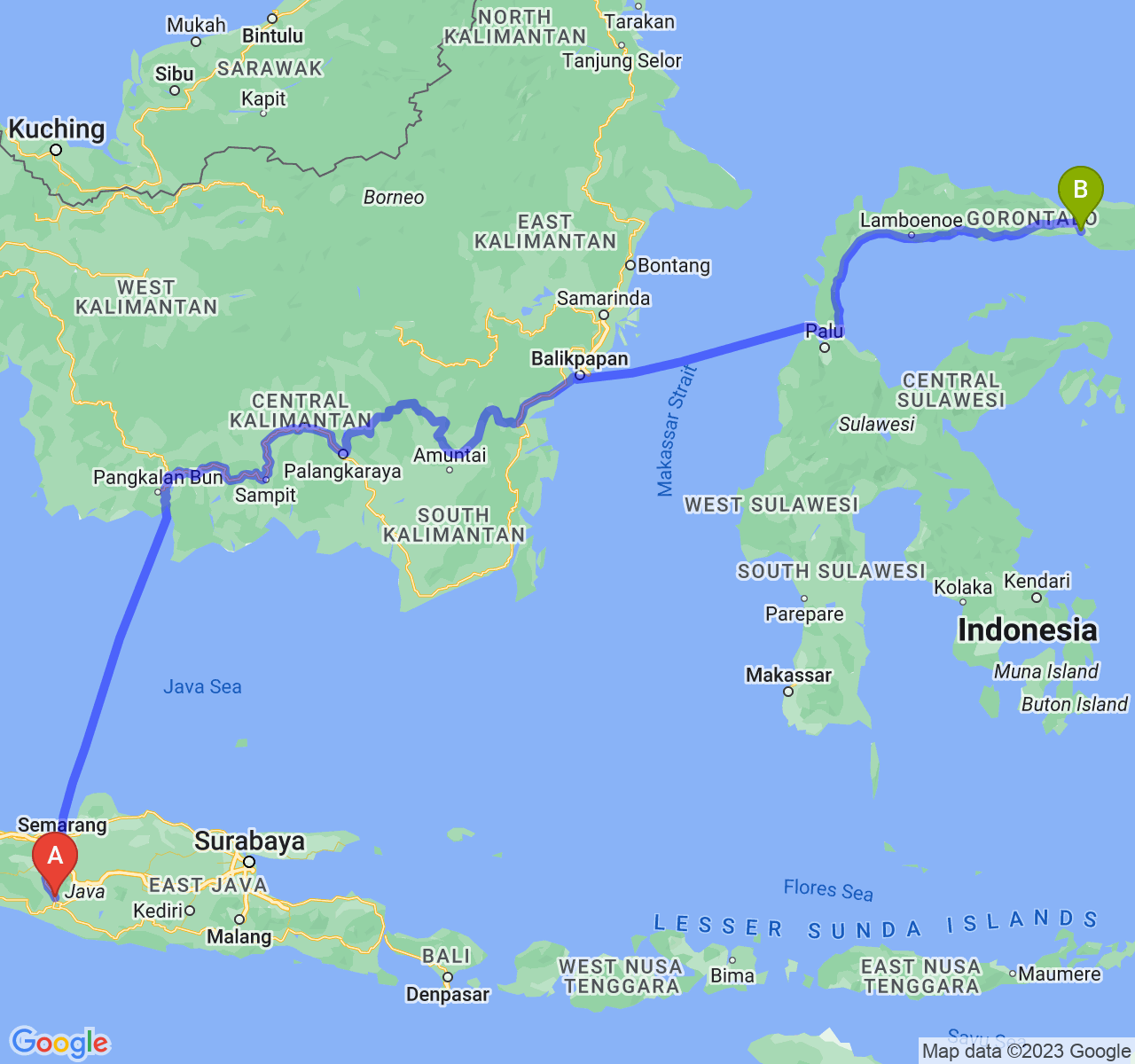 perjalanan dengan rute Kab. Sleman-Kota Gorontalo