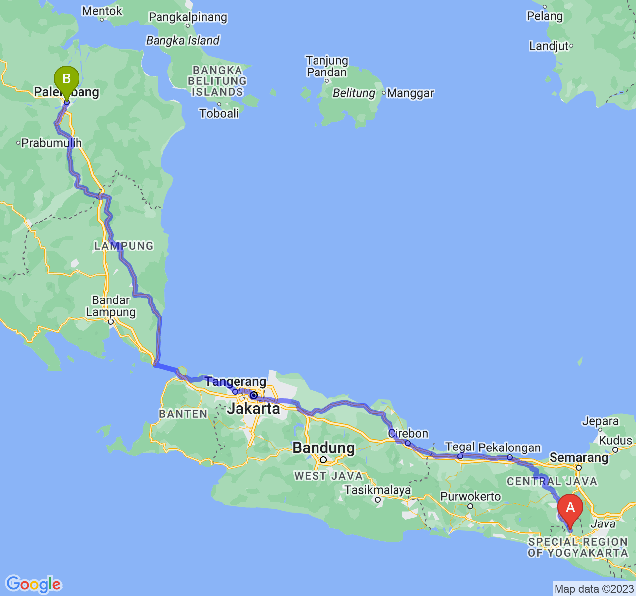 perjalanan dengan rute Kab. Sleman-Kota Palembang