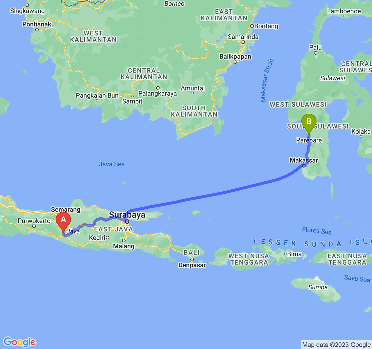 perjalanan dengan rute Kab. Sleman-Kota Parepare