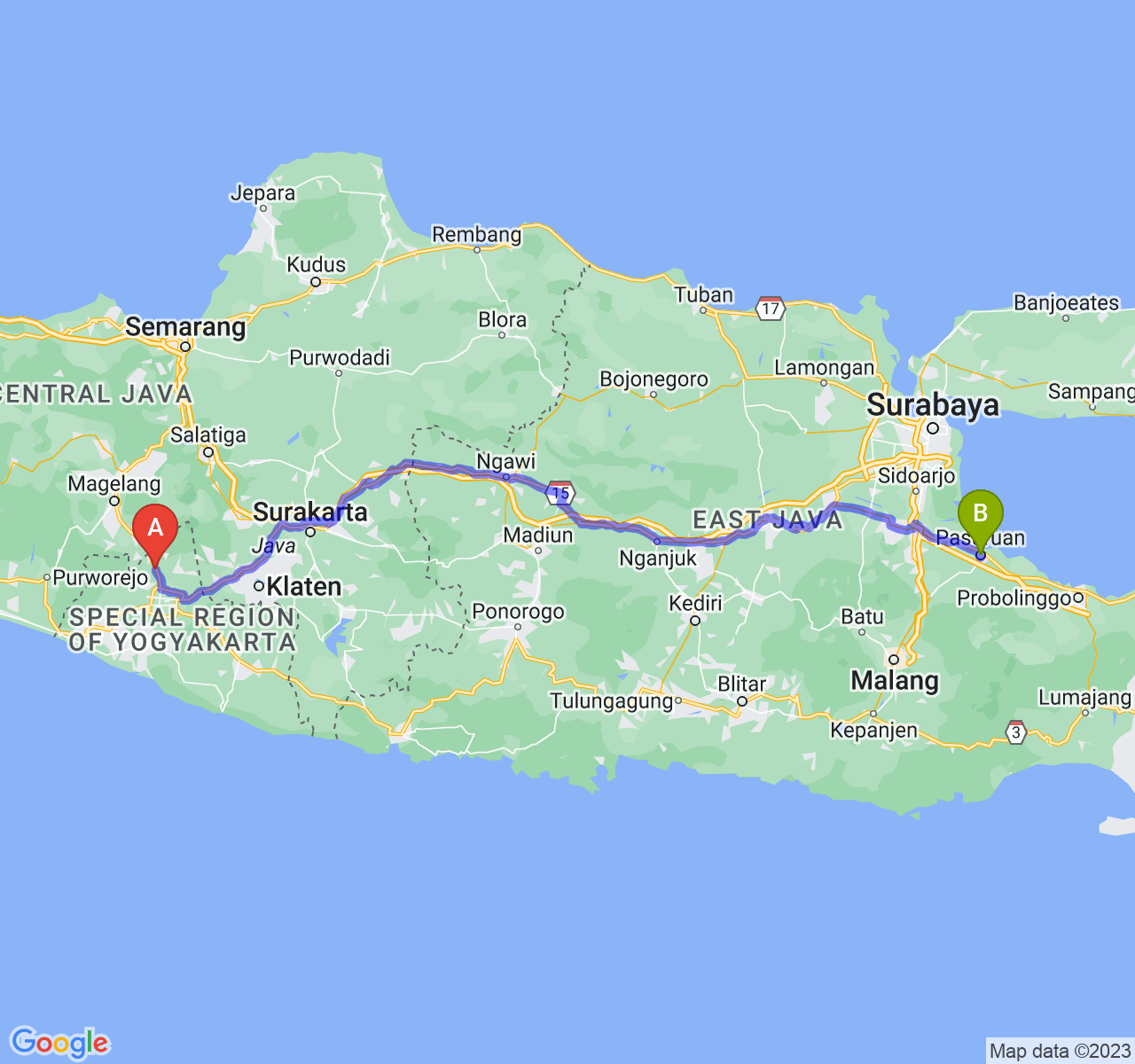 perjalanan dengan rute Kab. Sleman-Kota Pasuruan