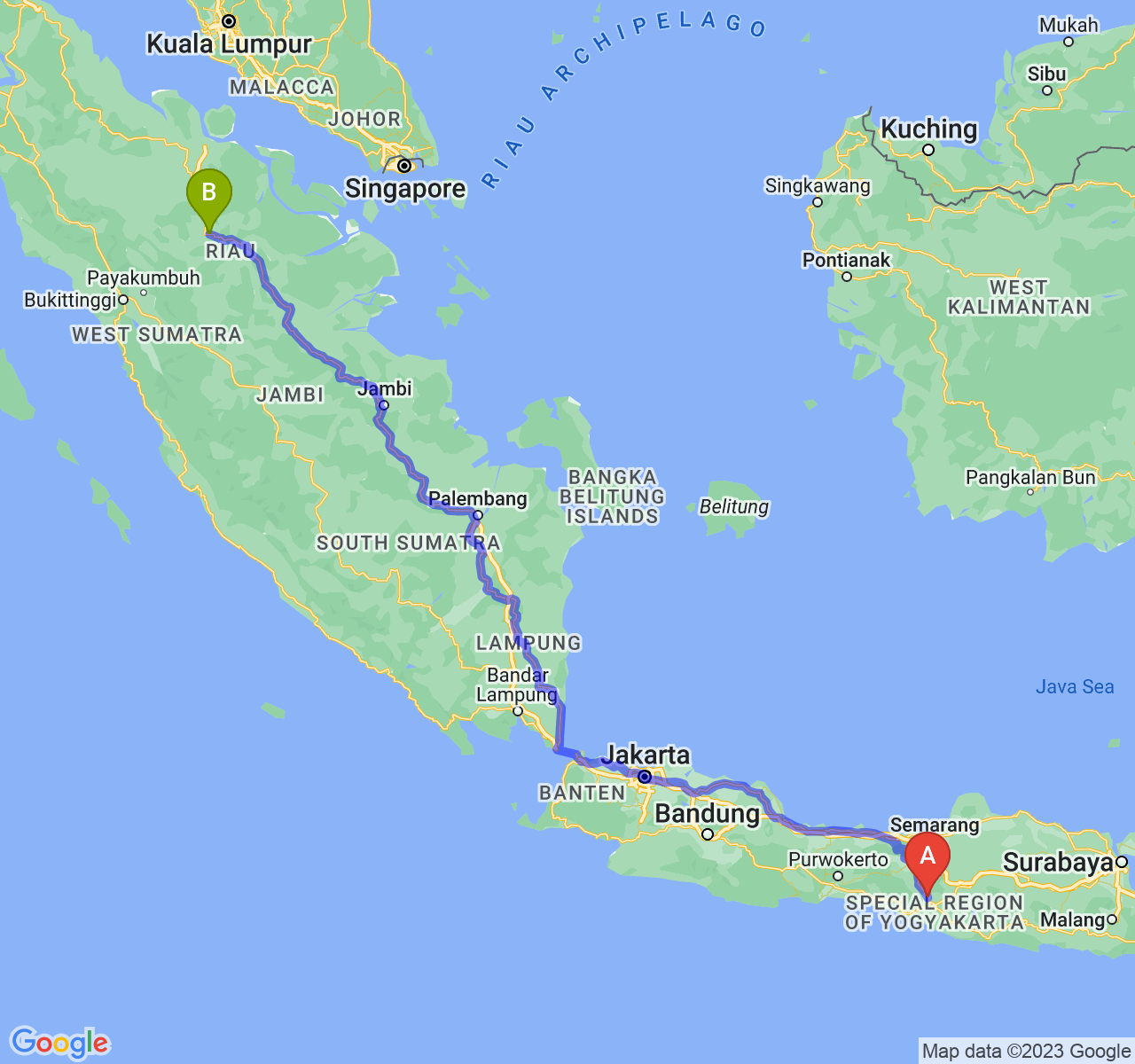 perjalanan dengan rute Kab. Sleman-Kota Pekanbaru