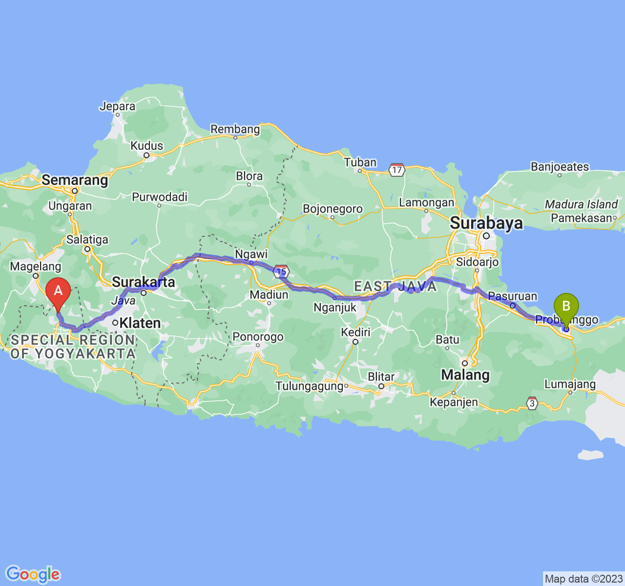 perjalanan dengan rute Kab. Sleman-Kota Probolinggo