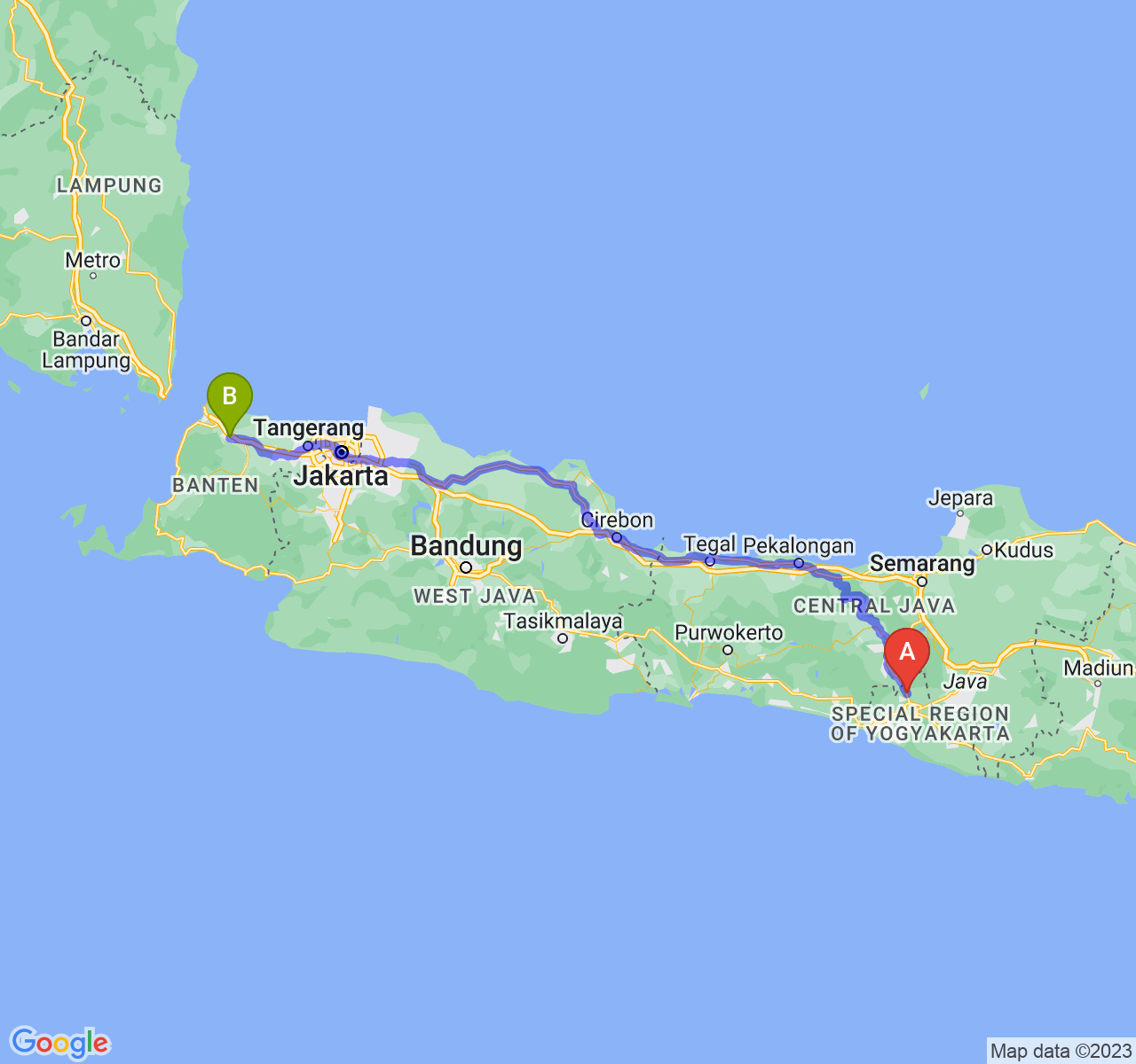 perjalanan dengan rute Kab. Sleman-Kota Serang