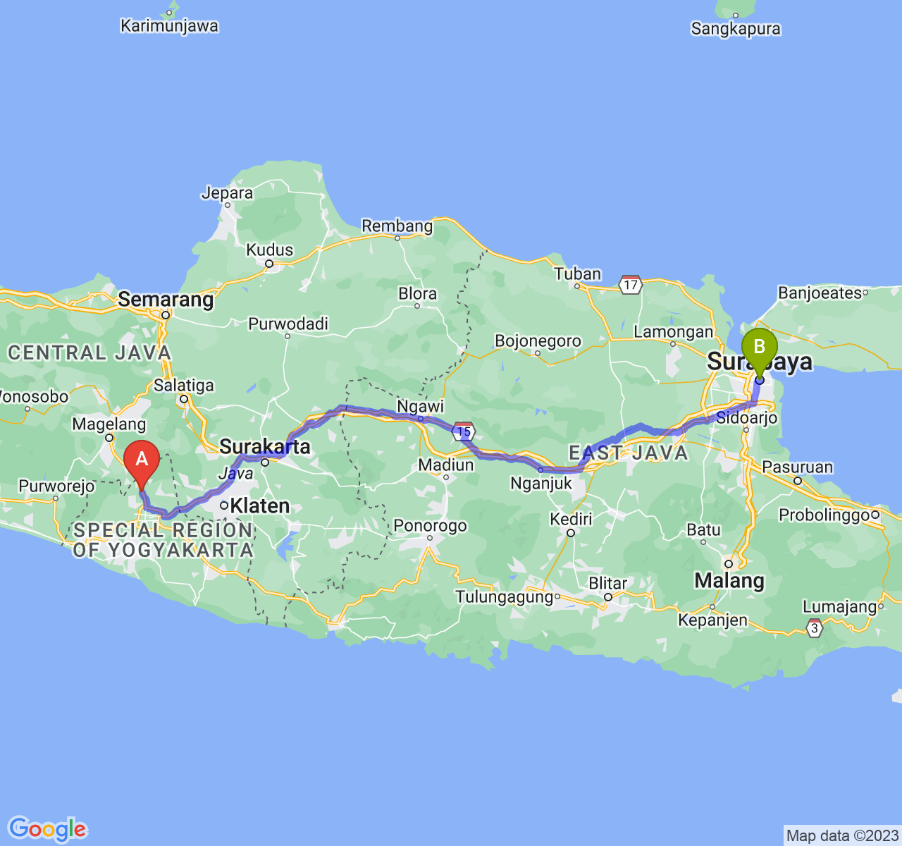 perjalanan dengan rute Kab. Sleman-Kota Surabaya