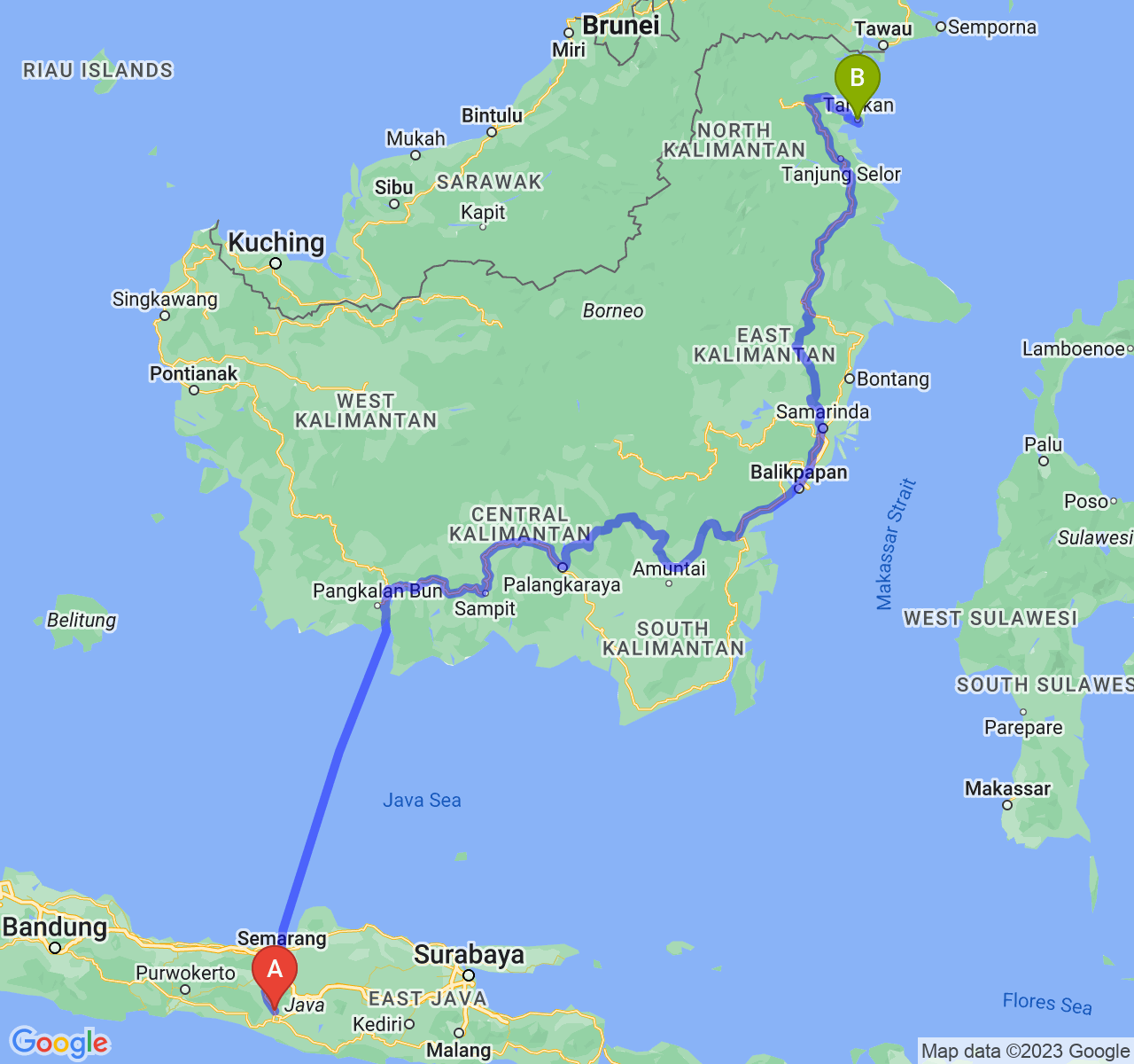 perjalanan dengan rute Kab. Sleman-Kota Tarakan