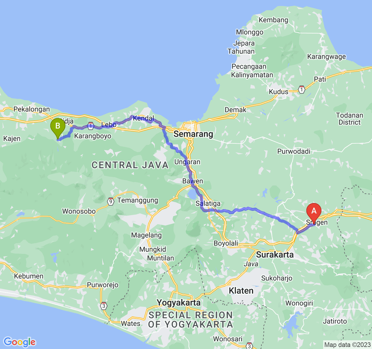 perjalanan dengan rute Kab. Sragen-Kab. Batang