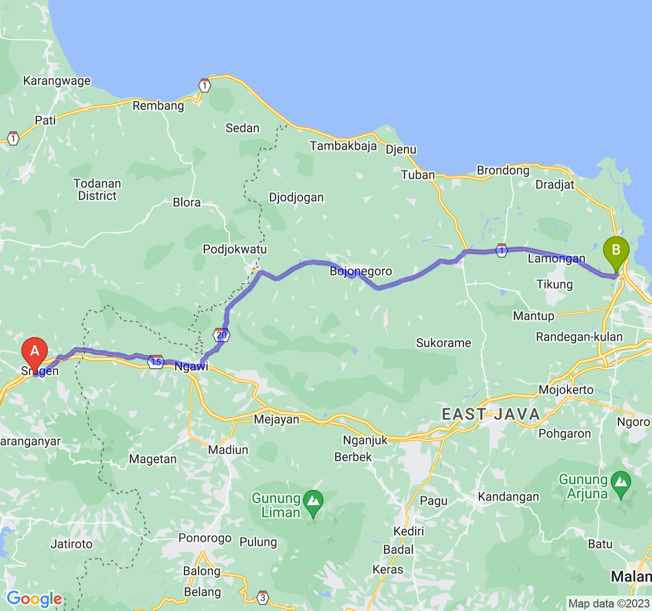 perjalanan dengan rute Kab. Sragen-Kab. Gresik