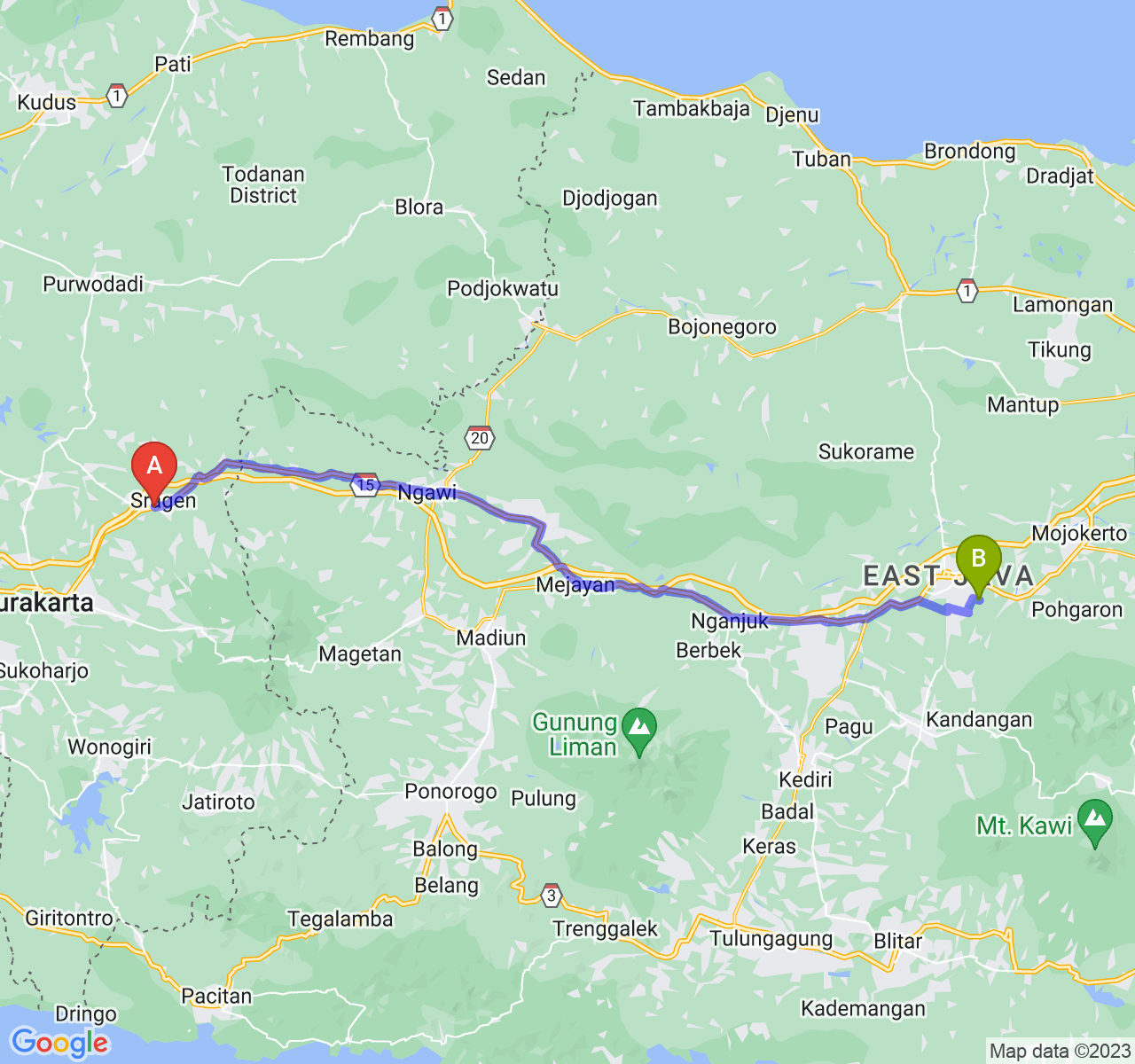 perjalanan dengan rute Kab. Sragen-Kab. Jombang