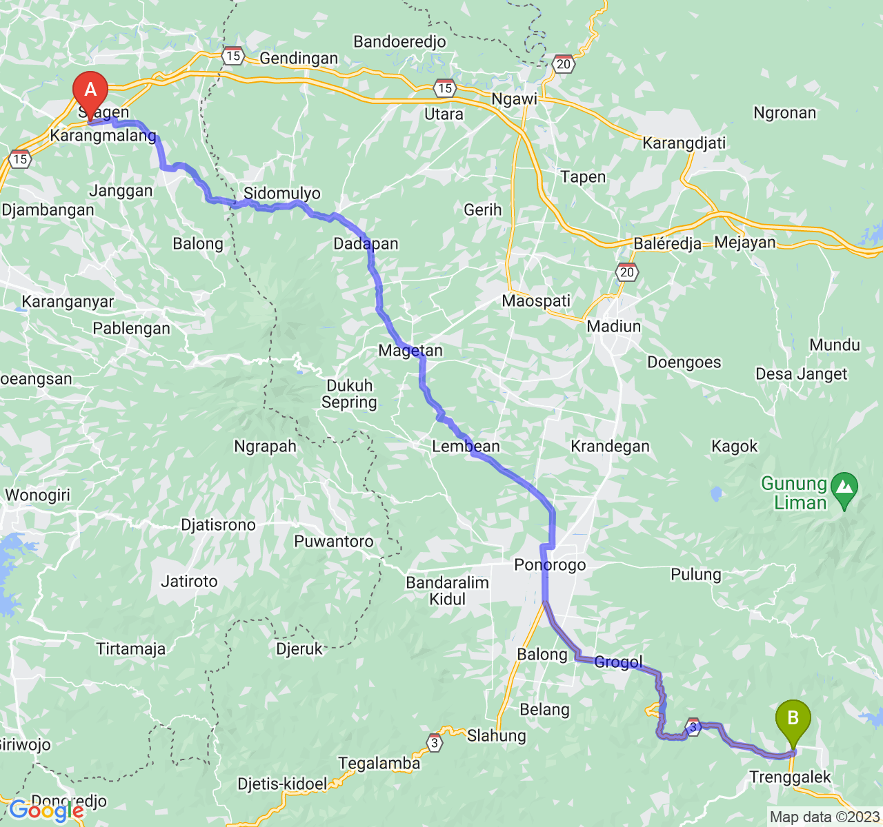 perjalanan dengan rute Kab. Sragen-Kab. Trenggalek