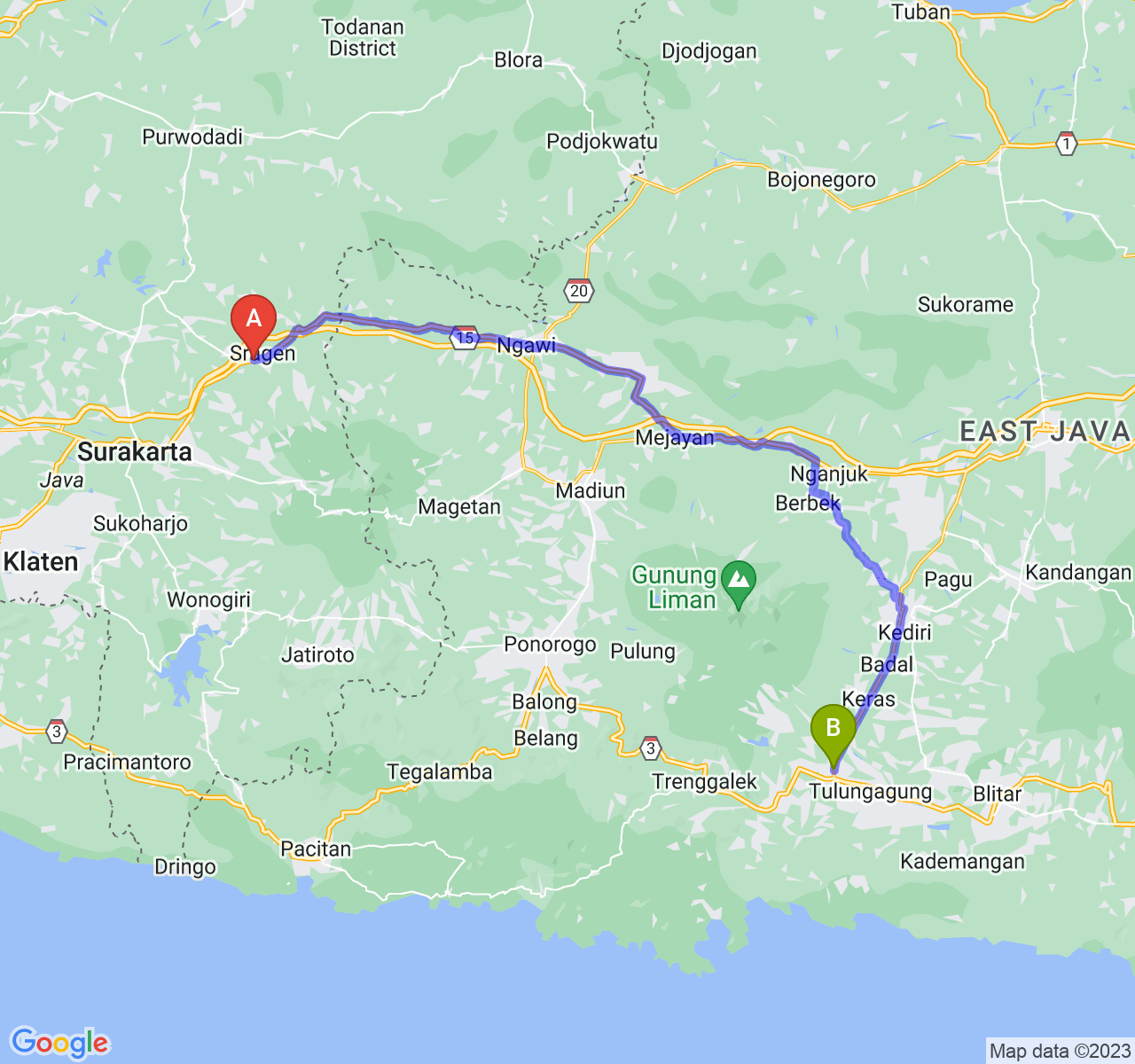 perjalanan dengan rute Kab. Sragen-Kab. Tulungagung