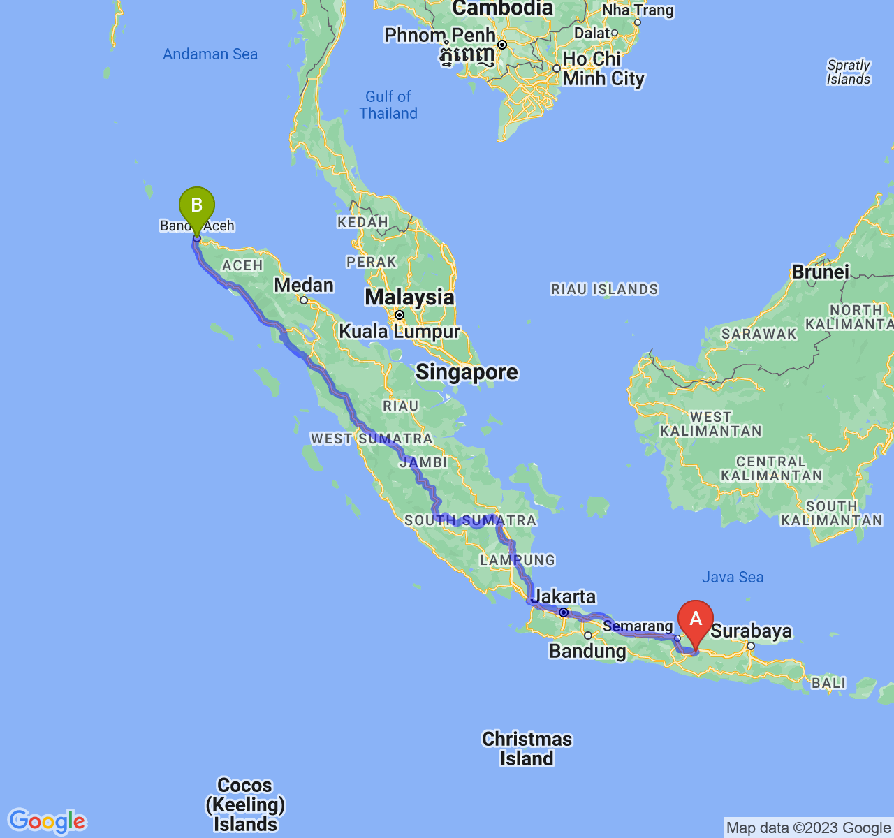 perjalanan dengan rute Kab. Sragen-Kota Banda Aceh