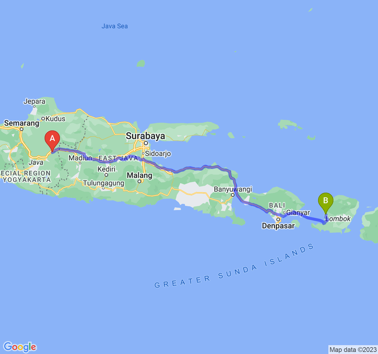 perjalanan dengan rute Kab. Sragen-Kota Mataram