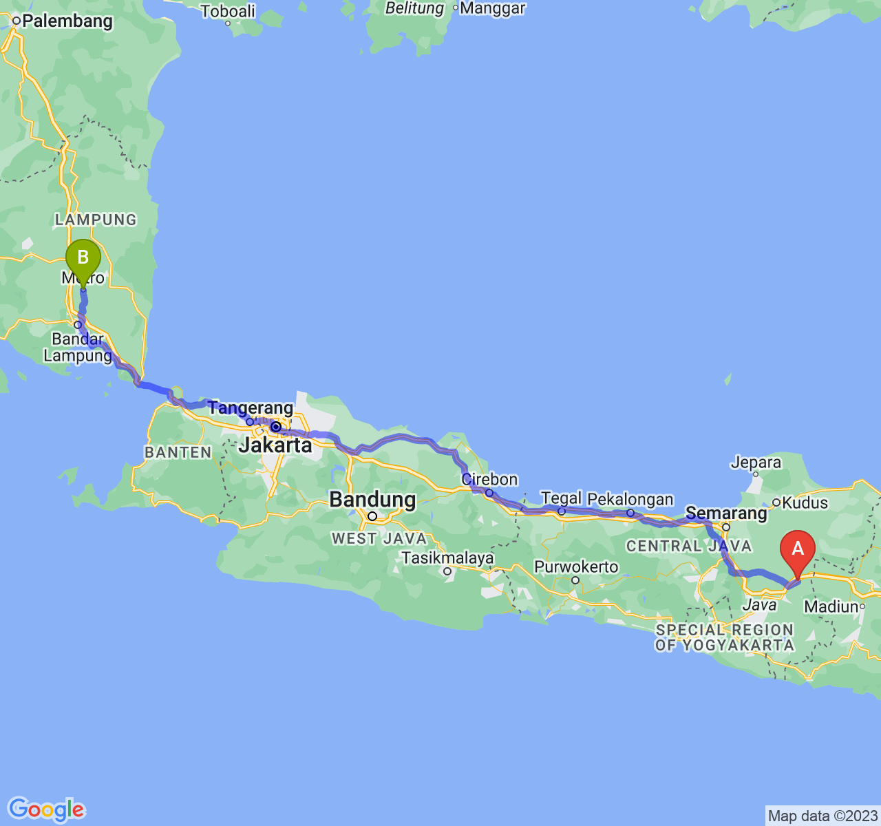 perjalanan dengan rute Kab. Sragen-Kota Metro