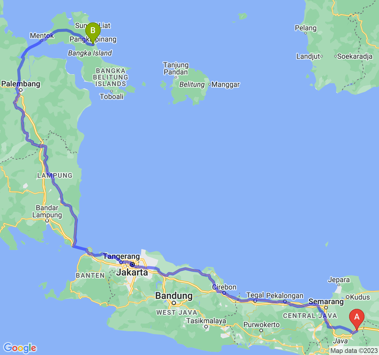 perjalanan dengan rute Kab. Sragen-Kota Pangkalpinang