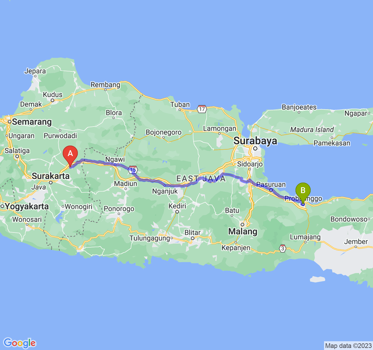 perjalanan dengan rute Kab. Sragen-Kota Probolinggo