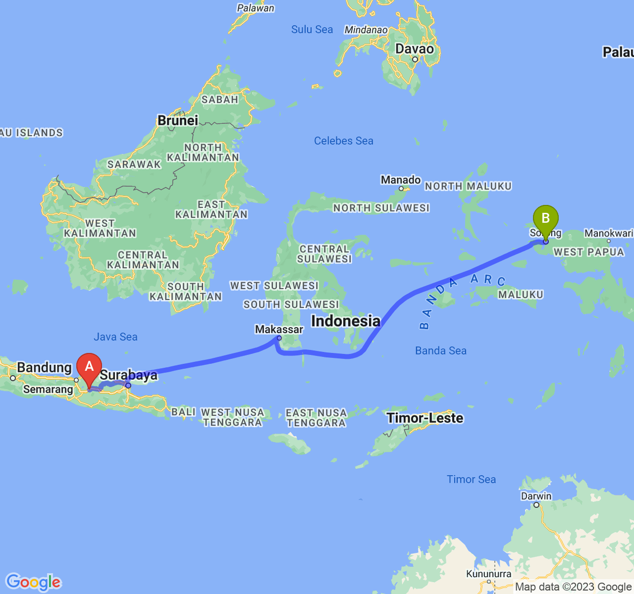 perjalanan dengan rute Kab. Sragen-Kota Sorong