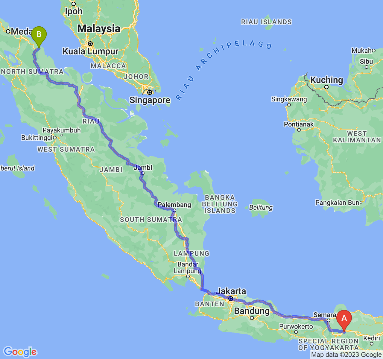 perjalanan dengan rute Kab. Sragen-Kota Tanjung Balai