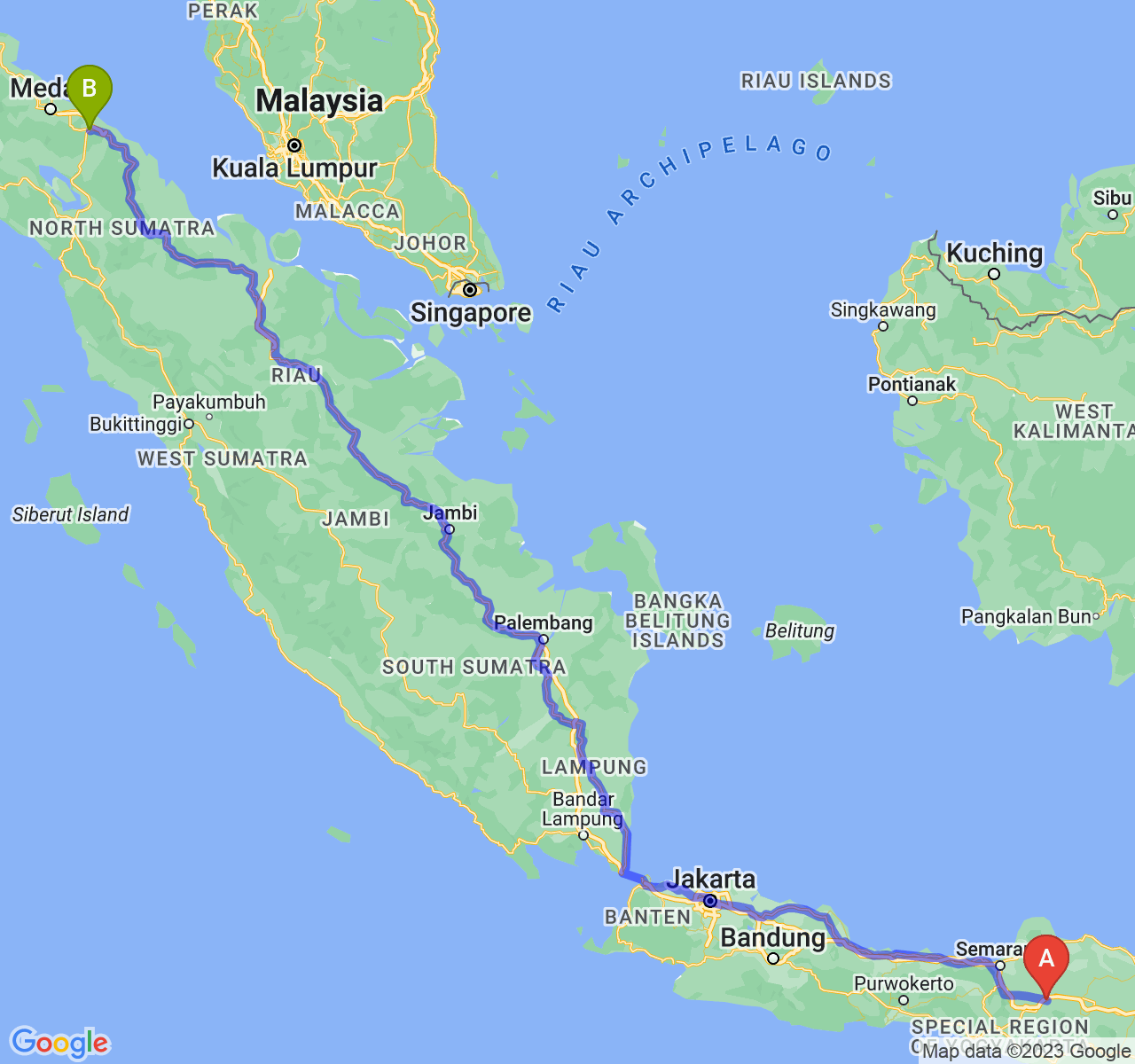 perjalanan dengan rute Kab. Sragen-Kota Tebing Tinggi