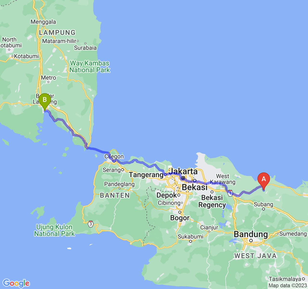 perjalanan dengan rute Kab. Subang-Kota Bandar Lampung