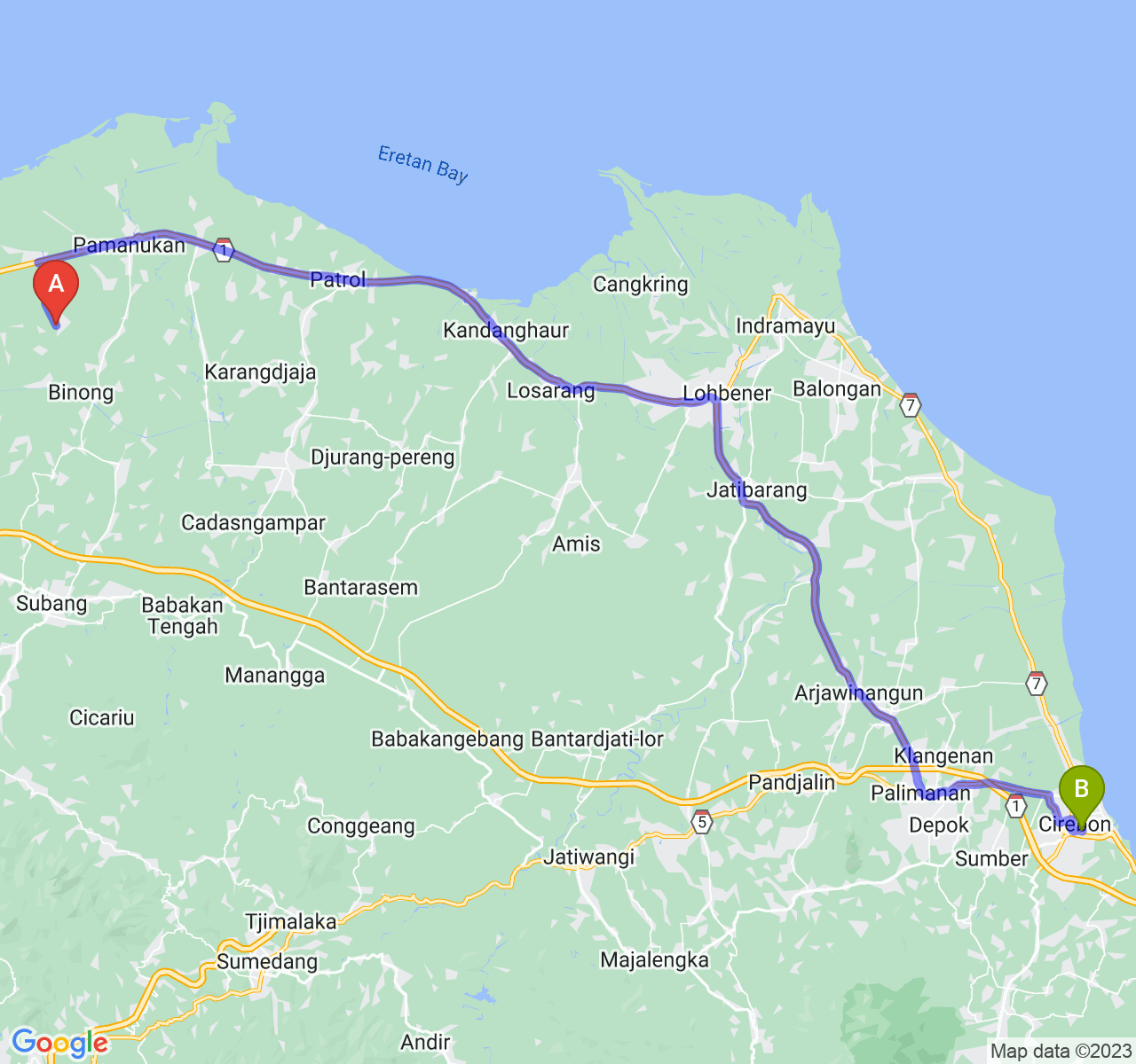 perjalanan dengan rute Kab. Subang-Kota Cirebon