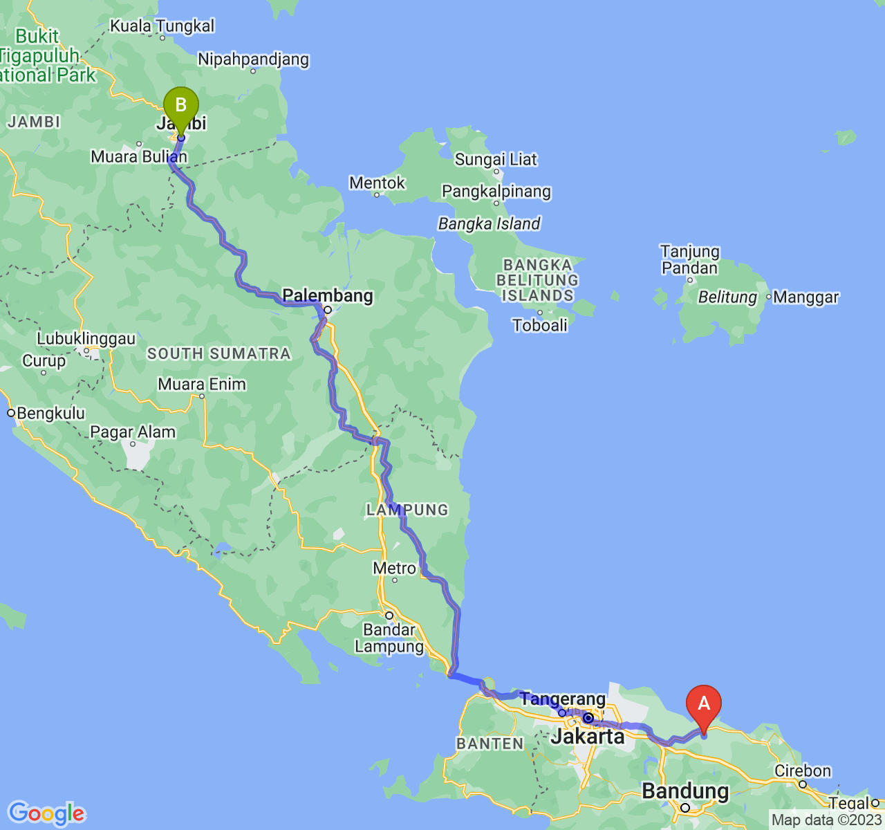 perjalanan dengan rute Kab. Subang-Kota Jambi