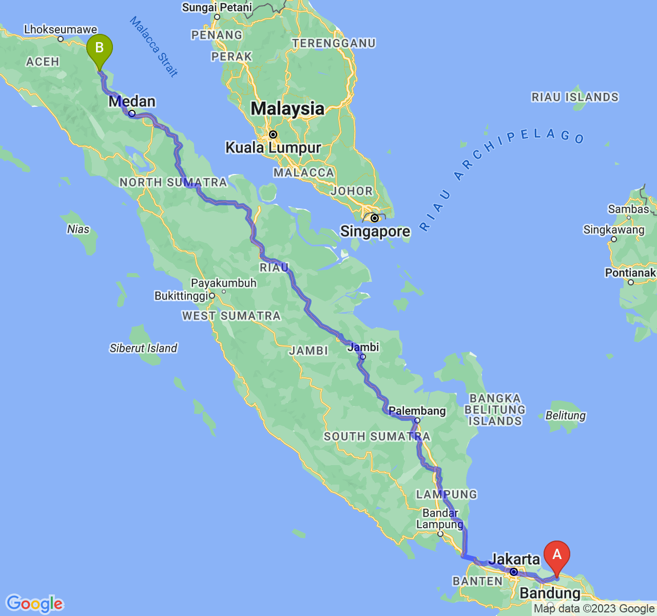 perjalanan dengan rute Kab. Subang-Kota Langsa